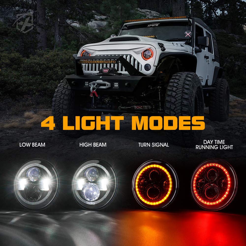 Xprite 7 Inch 90W Led Headlights With Red Halo Ring Angel Eyes Compatible With 1997-2018 Jeep Wrangler Jk Tj Lj(Dot Approved), 9