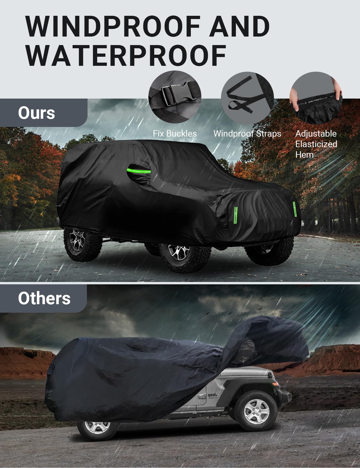 Proadsy 6 Layers Car Cover Custom Fit For Jeep Wrangler 4 Door Jk Jl Yj Tj 2018-2024 Unlimited Sport Sahara Rubicon Windproof All Weather Waterproof Sun Rain Uv Dust Snow Protection Outdoor Covers