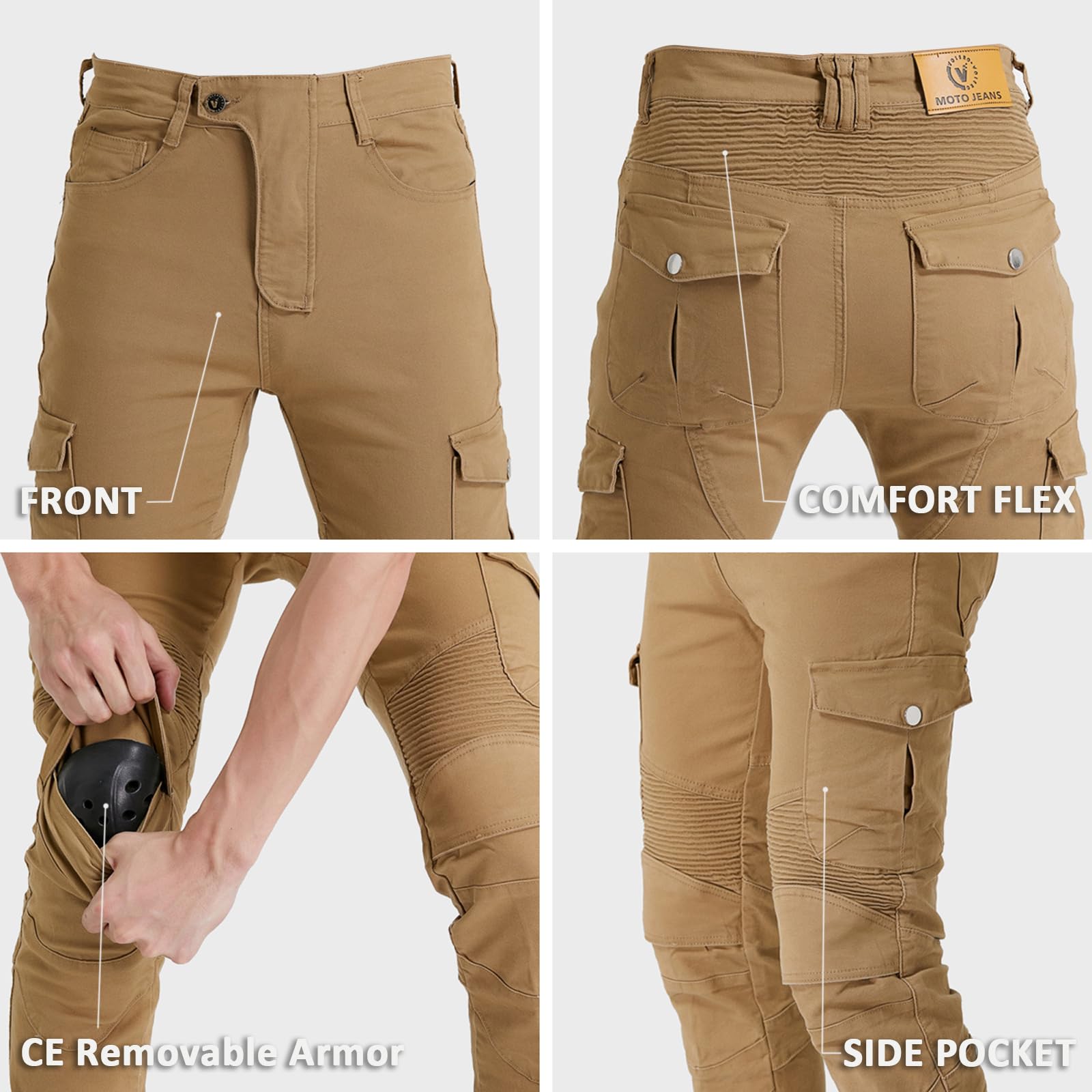 LOMENG Motorcycle Pants Motorbike Riding Denim Jeans Biker Motocross Pants with CE Removable Armored for Men Khaki M