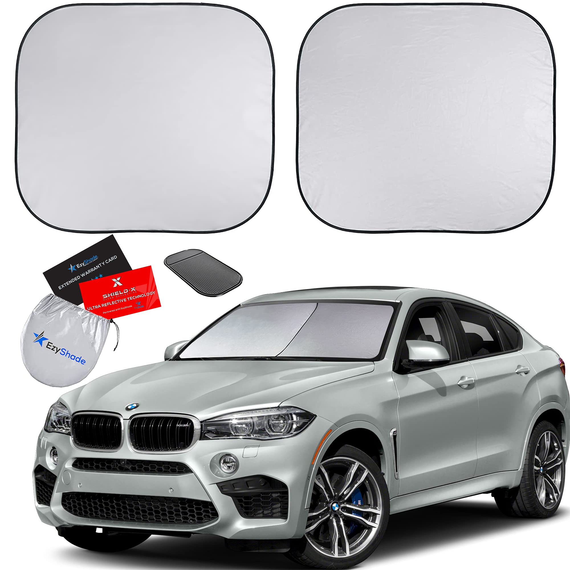 Ezyshade Windshield Sun Shade With Shield-X Reflective Technology. See Size-Chart With Your Vehicle. Foldable 2-Piece Car Sunsha