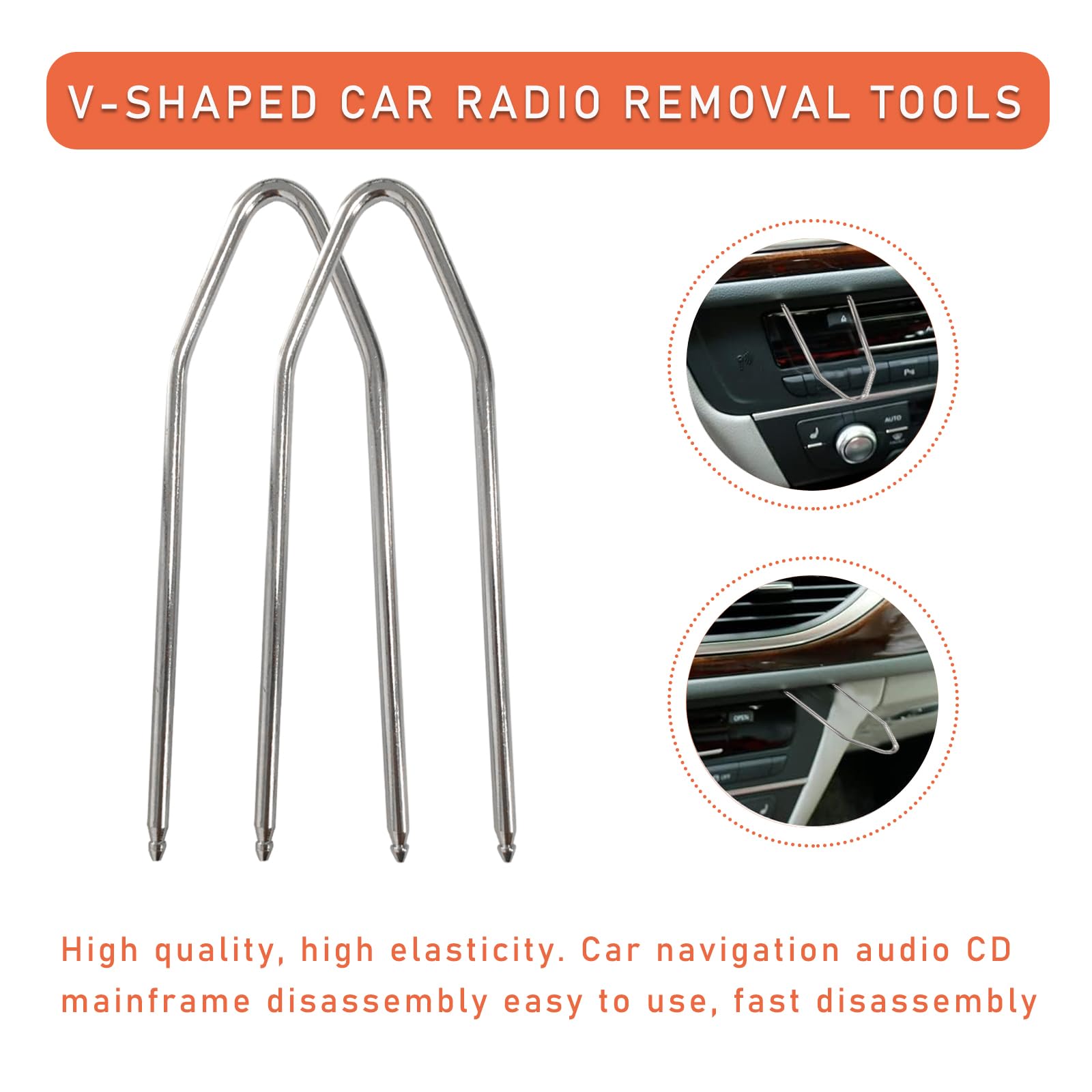 Dickno 2 Pcs Car Radio Removal Pry Tool, V-Shaped Stainless Steel Auto Stereo Release Tool Kit, Universal Radio Remover For Disa