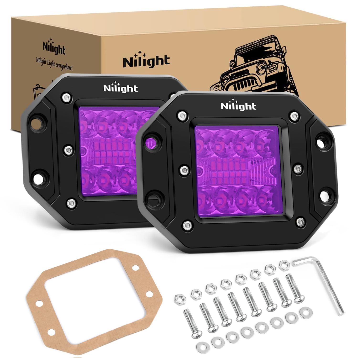 Nilight Flush Mount Led Light Pods 2 Pcs 42 W Purple Upgraded Spot Flood Combo Bumper Driving Decoration Neon Off Road 12V 24V L