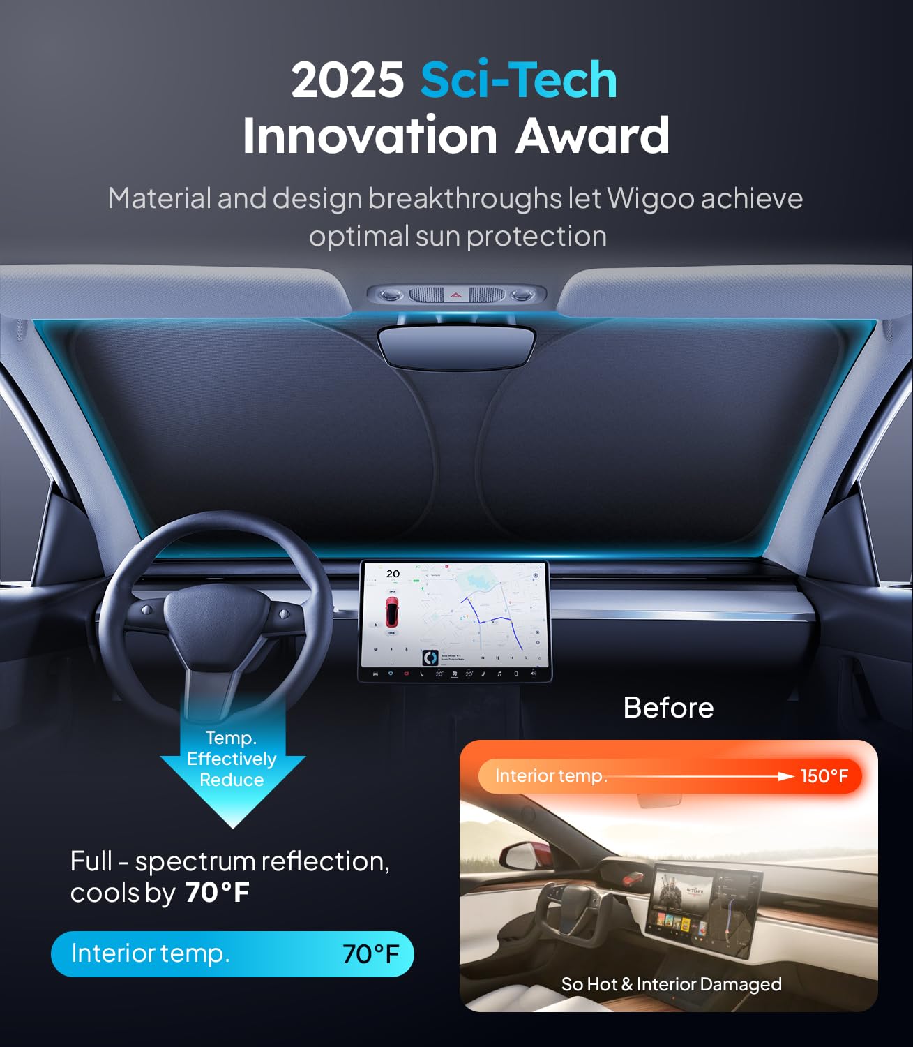 Wigoo 2025 Tesla New Model Y Accessories Windshield Sunshade [Oem Design, 100% Sun Blockage] Foldable Heat Insulation Sunshade W