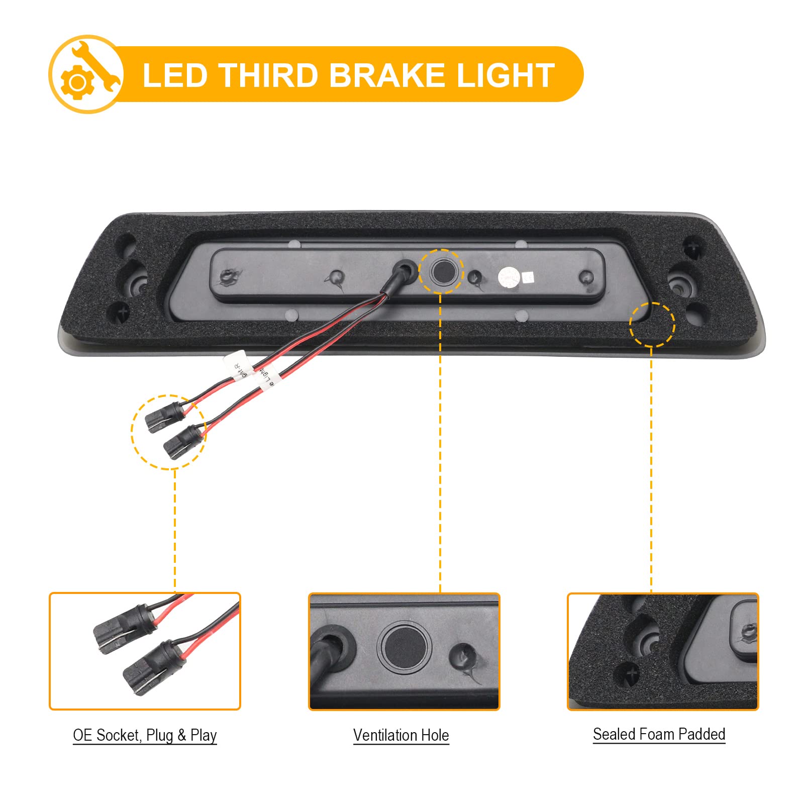 R&F Auto Led Smoked Lens Third Brake Light Replacement For F150 (2009-2014) Roof Cargo Lights High Mount Stop Lamp With Seal Foam Gaskets