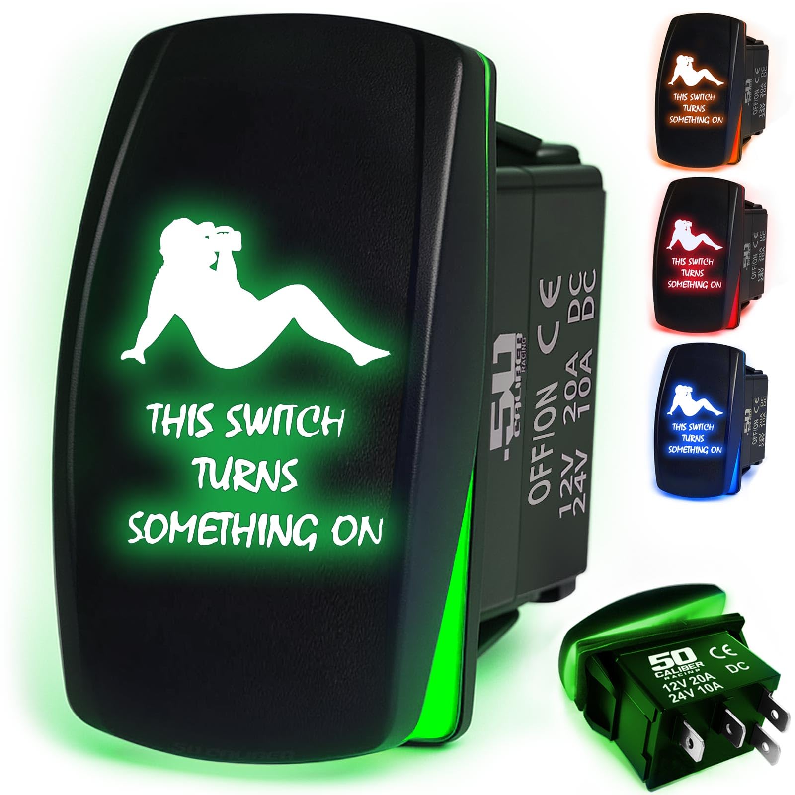 50 Caliber Racing 20A 12V Waterproof Automotive Rocker Switch On/Off - Green Led Backlight - Dad Bod - Utv, Auto, Boat [5362A55