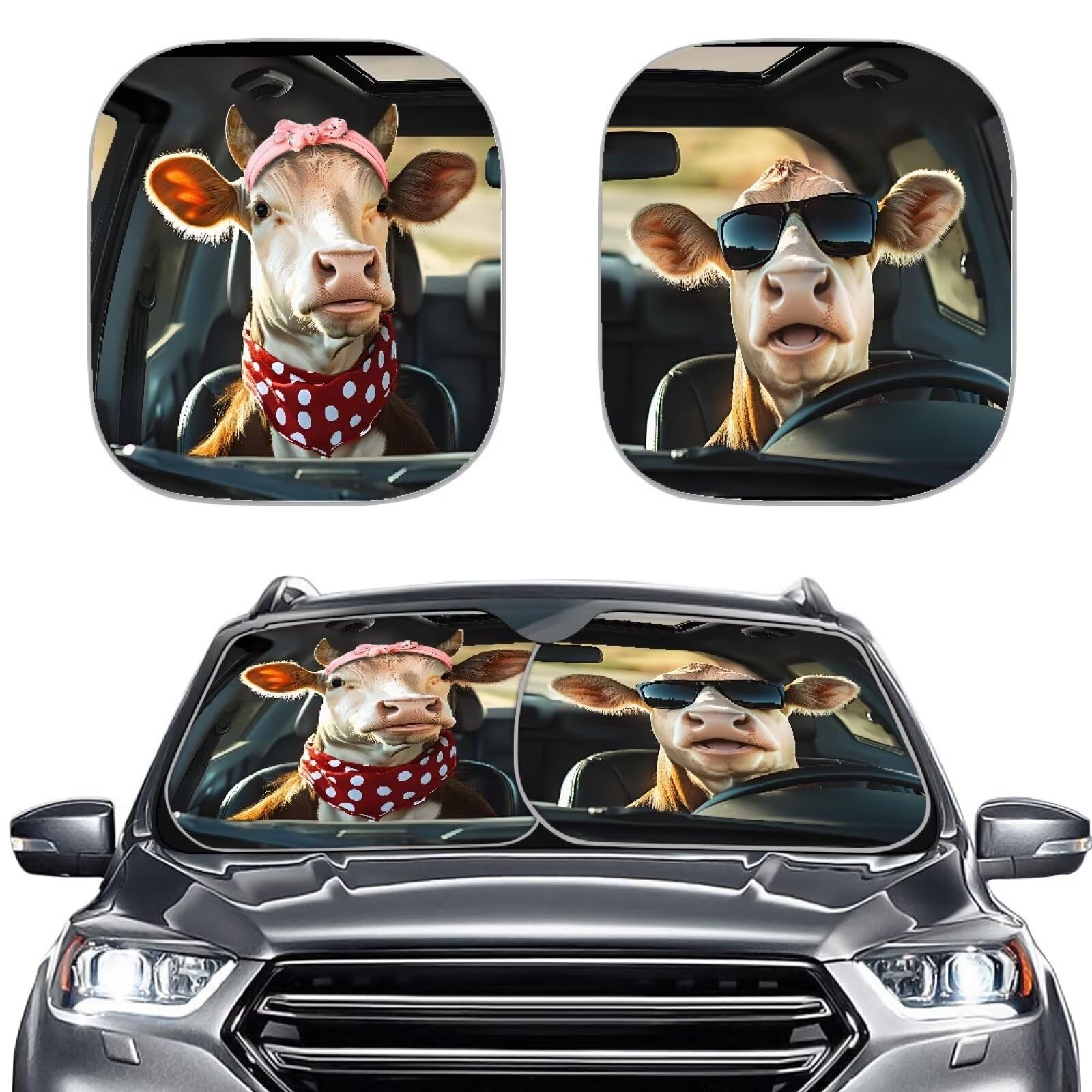 Renewold Funny Cow Animal Driving Car Windshield Sun Shade Auto Front Window Sunshade Keep Vehicle Cool Sun Visor Shield For Mos