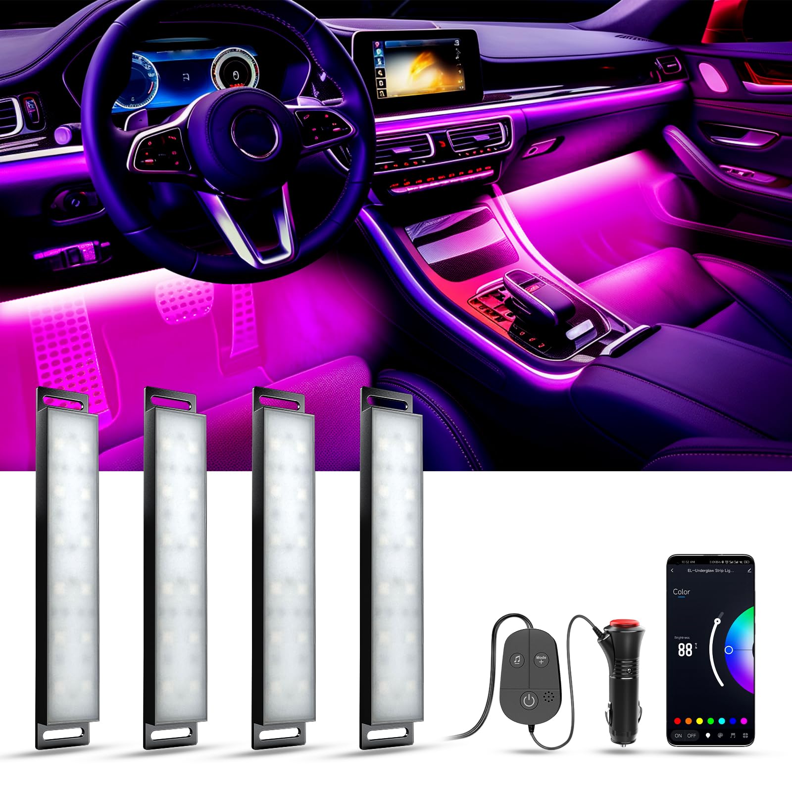 Yilaie Car Lights Interior, Smart Interior Car Lights With App Control, Under Dash Footwell Neon Internal Lighting Kit Multicolo