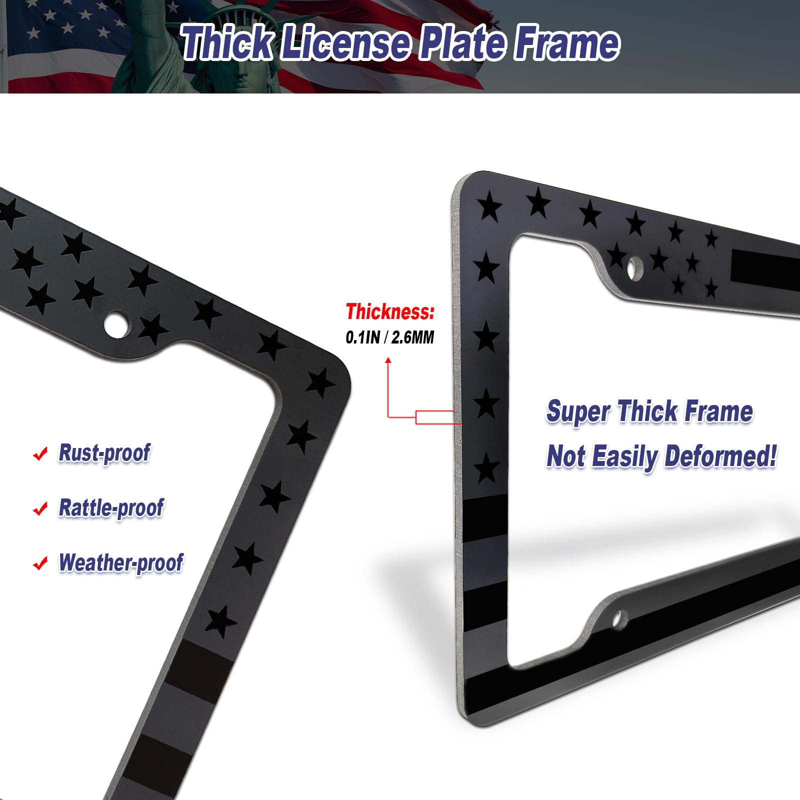 Bggtmo American Flag License Plate Frames- 2 Pack Black Grey Patriotic Usa Aluminum Car Tag Holder Cover For Front Rear, With Sc