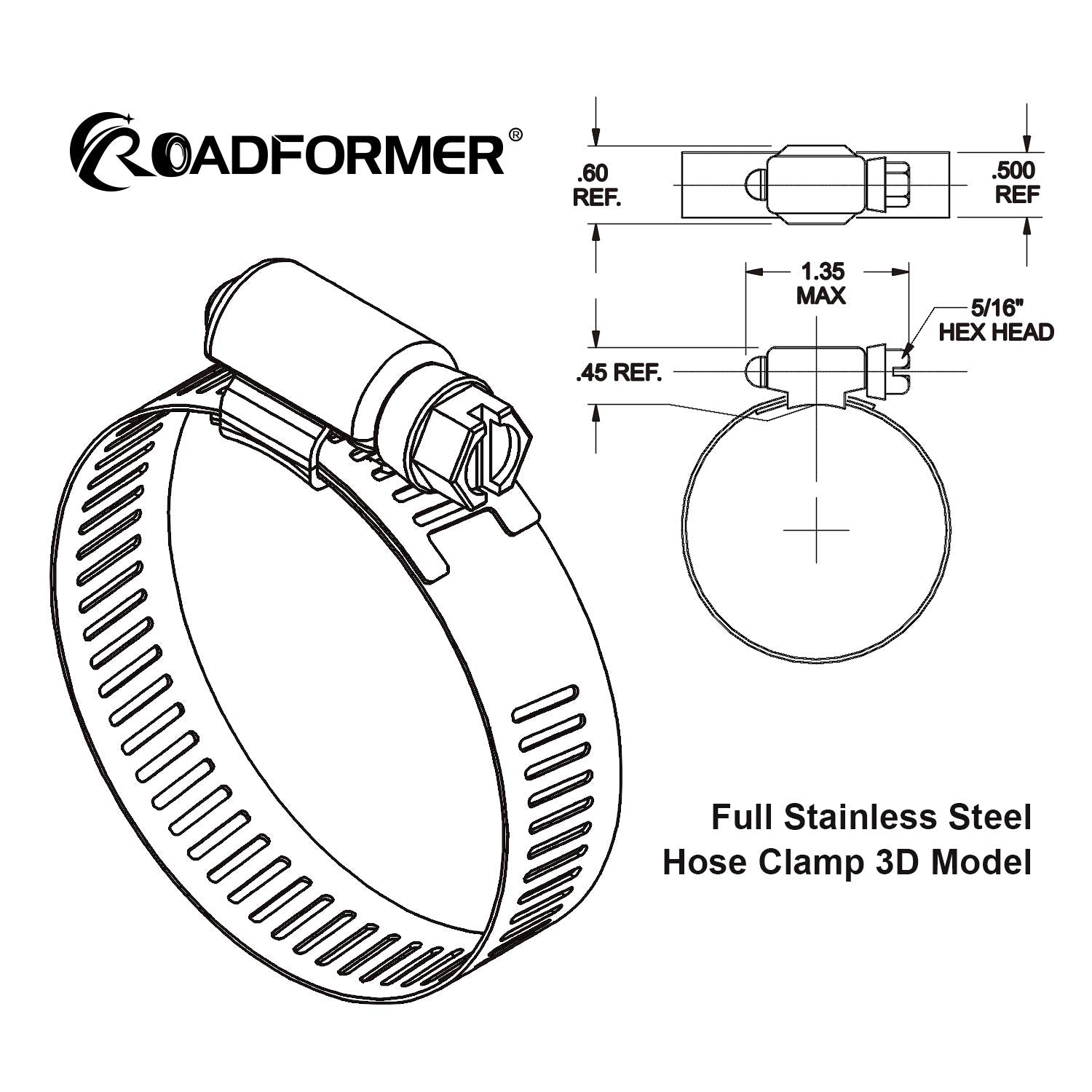 Roadformer 1'' Worm Gear Hose Clamp - Sae 16 Size, Full Stainless Steel With 1/2'' Band Width, Working Range 19Mm - 38Mm Hose Cl
