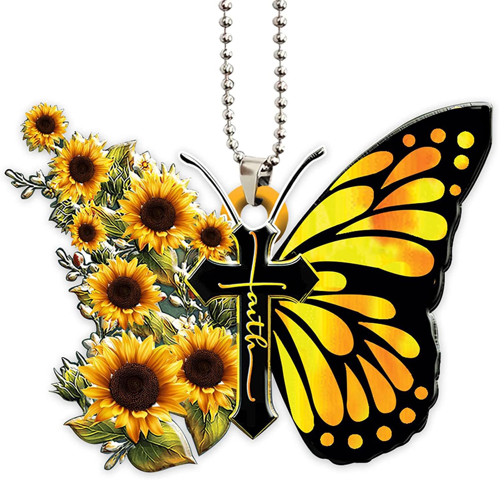 Car Rear View Mirror Accessories Sunflower Butterfly Jesus Cross Christian Hanging Ornament 2D Flat Religious Christian Home Car