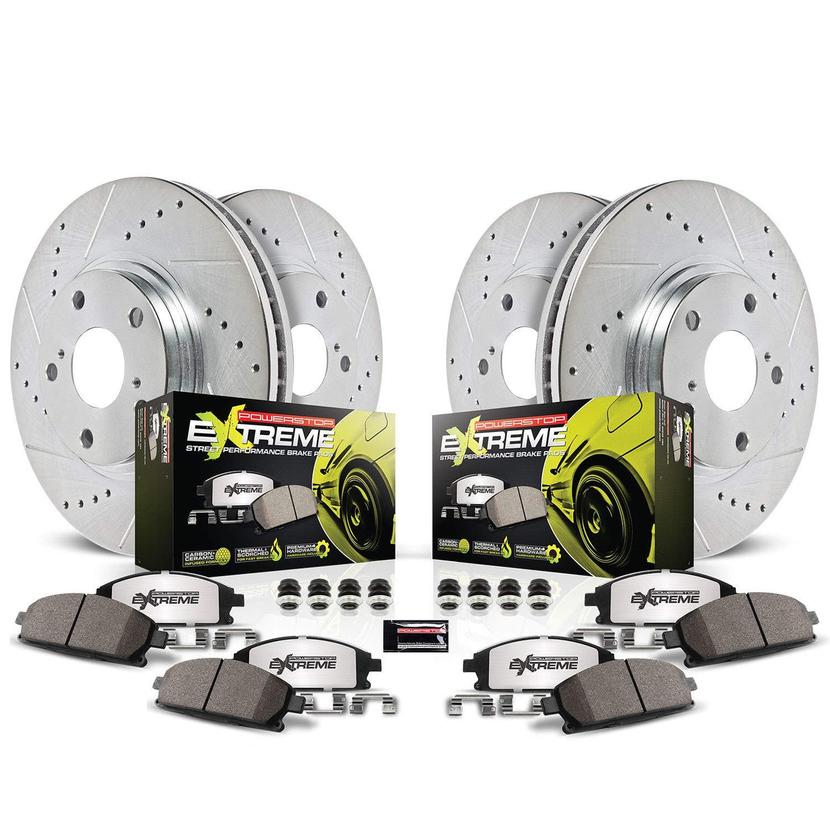 Power Stop K8170-26 Front And Rear Z26 Carbon Fiber Brake Pads With Drilled And Slotted Brake Rotors Brake Kit For Dodge Challenger Charger