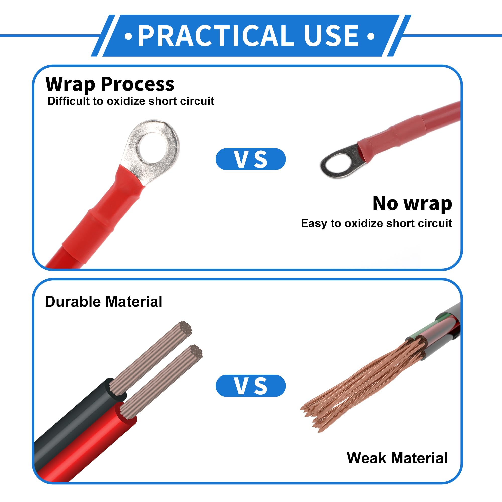 VekAuto 1 Pc Battery Inverter Cable 6 AWG Gauge 3FT 3/8'' Lug 5/16'' Lug Battery Cable Universal for Car Vehicle Boat RV Solar T