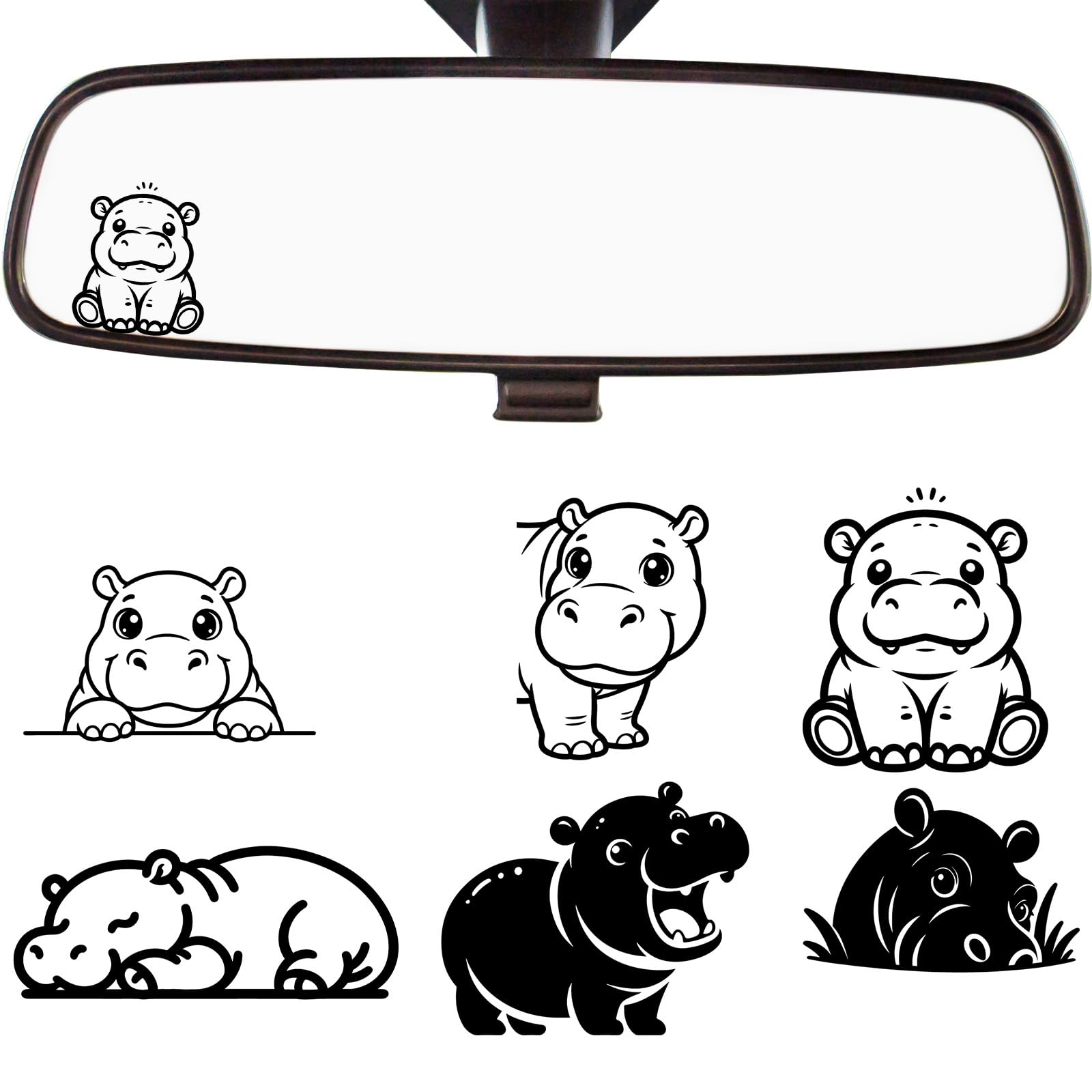 Dazoratix Hippo Rearview Mirror Decals - 6 Pcs Cute Car Rear View Stickers Funny Waterproof Window Vinyl Accessories Gifts for W