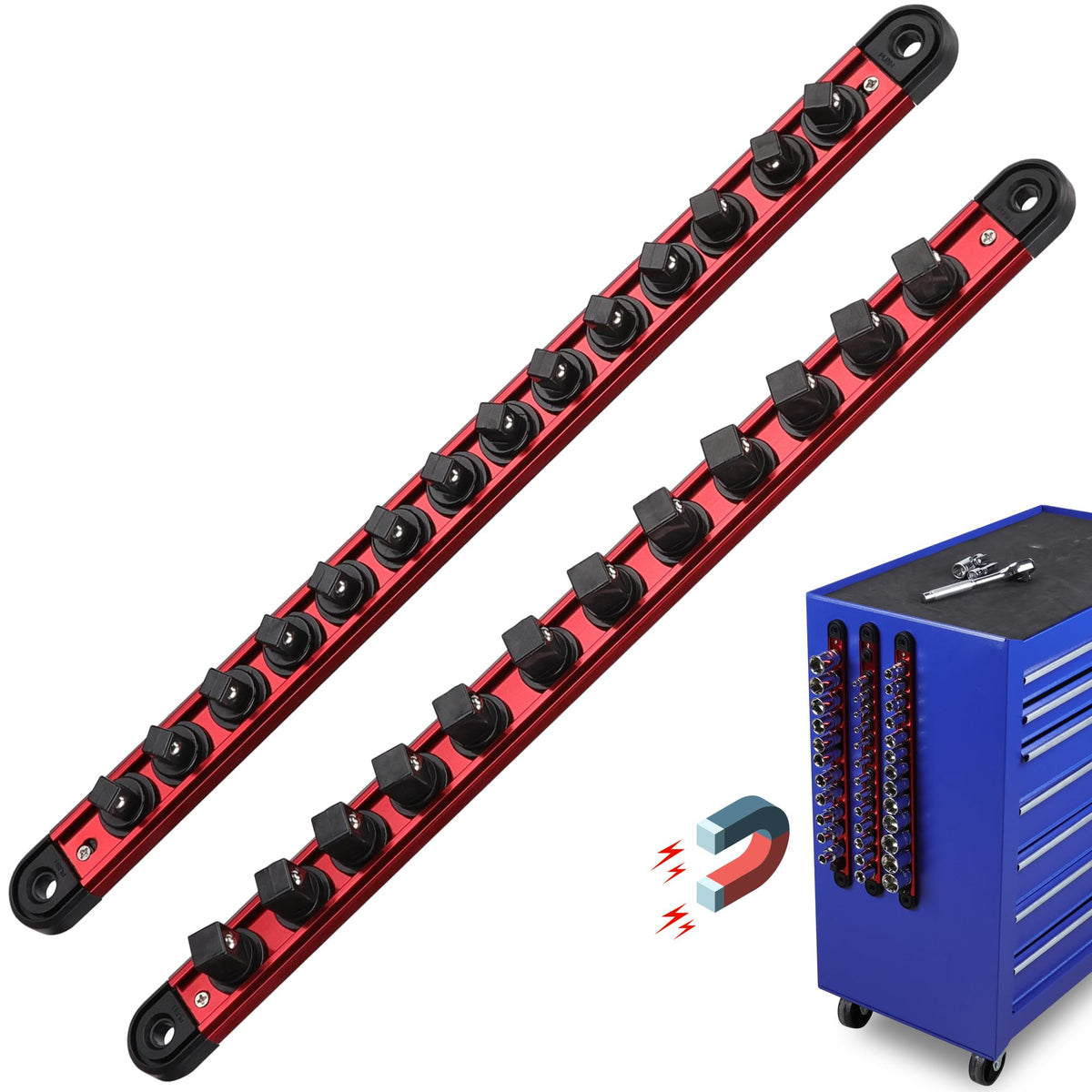 Magnetic Socket Holder Organizer Set: 2-Piece Detachable 3/8, 1/2 Tray Organizer for Tool Box Drawer, Holds 26-Piece Standard Si