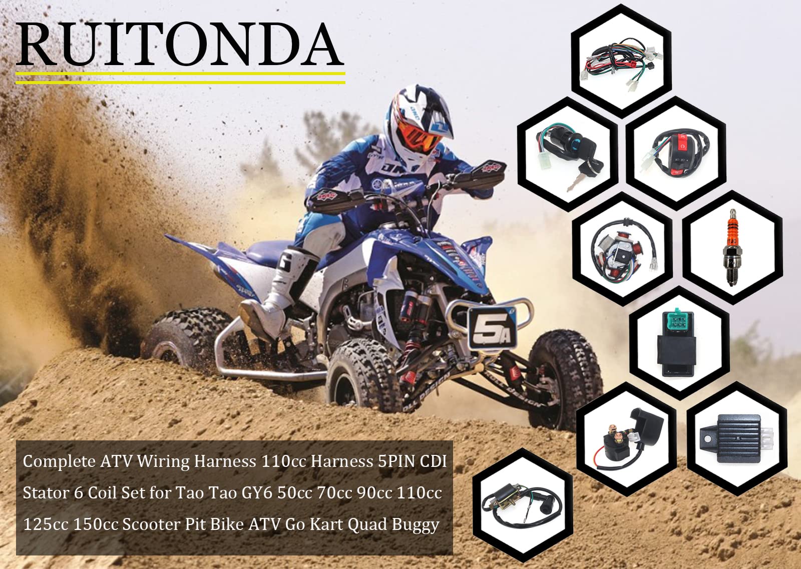 RUITONDA 6 Coil Stator CDI Wiring Harness for 49cc-150cc GY6 ATV Go Kart Pit Bike - Durable Lead Material