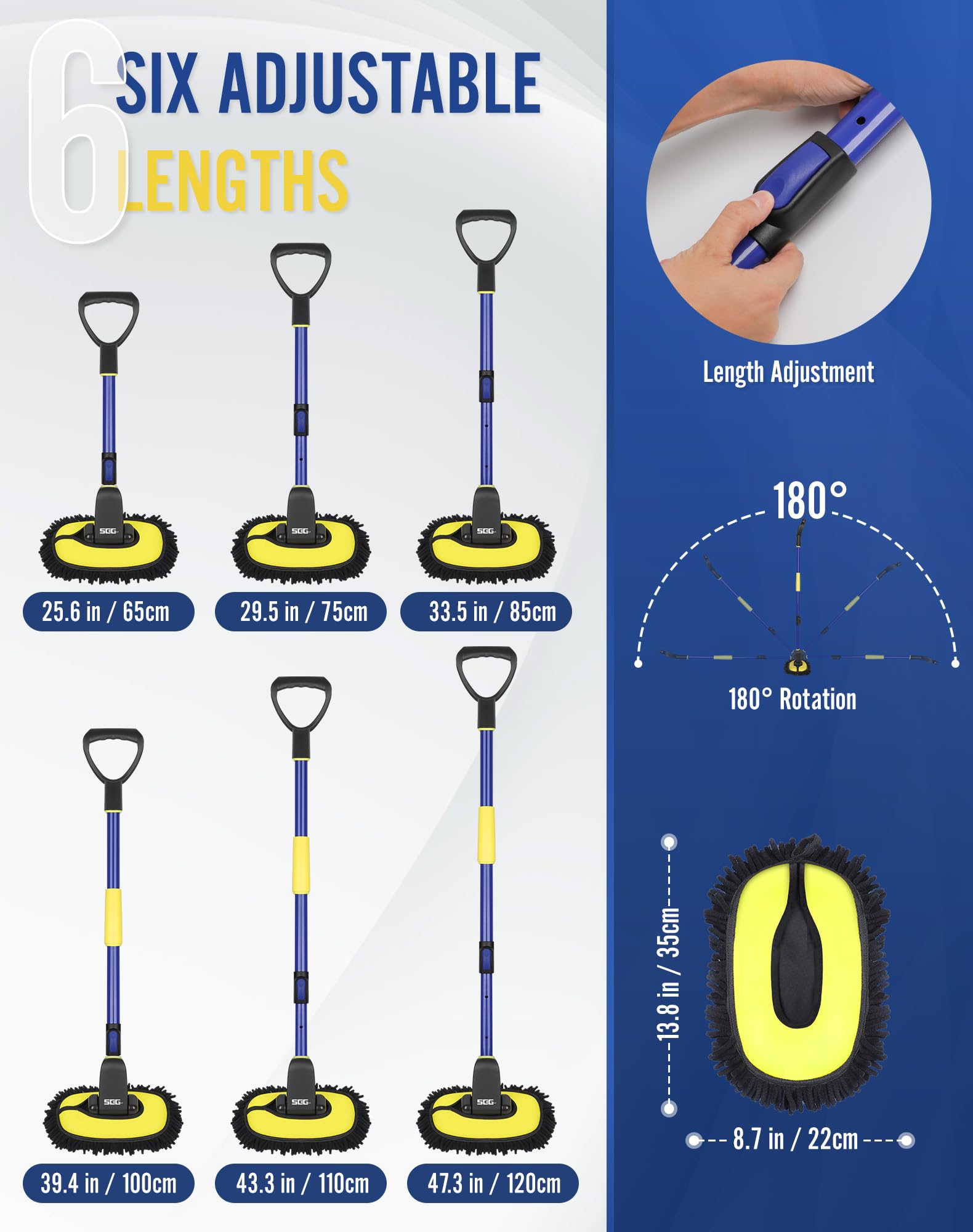 Seg Direct Car Wash Brush Mop Kit Extendable With Long Handle, Detachable Pole, D Shaped Grip, Chenille Scratch-Free Replacement