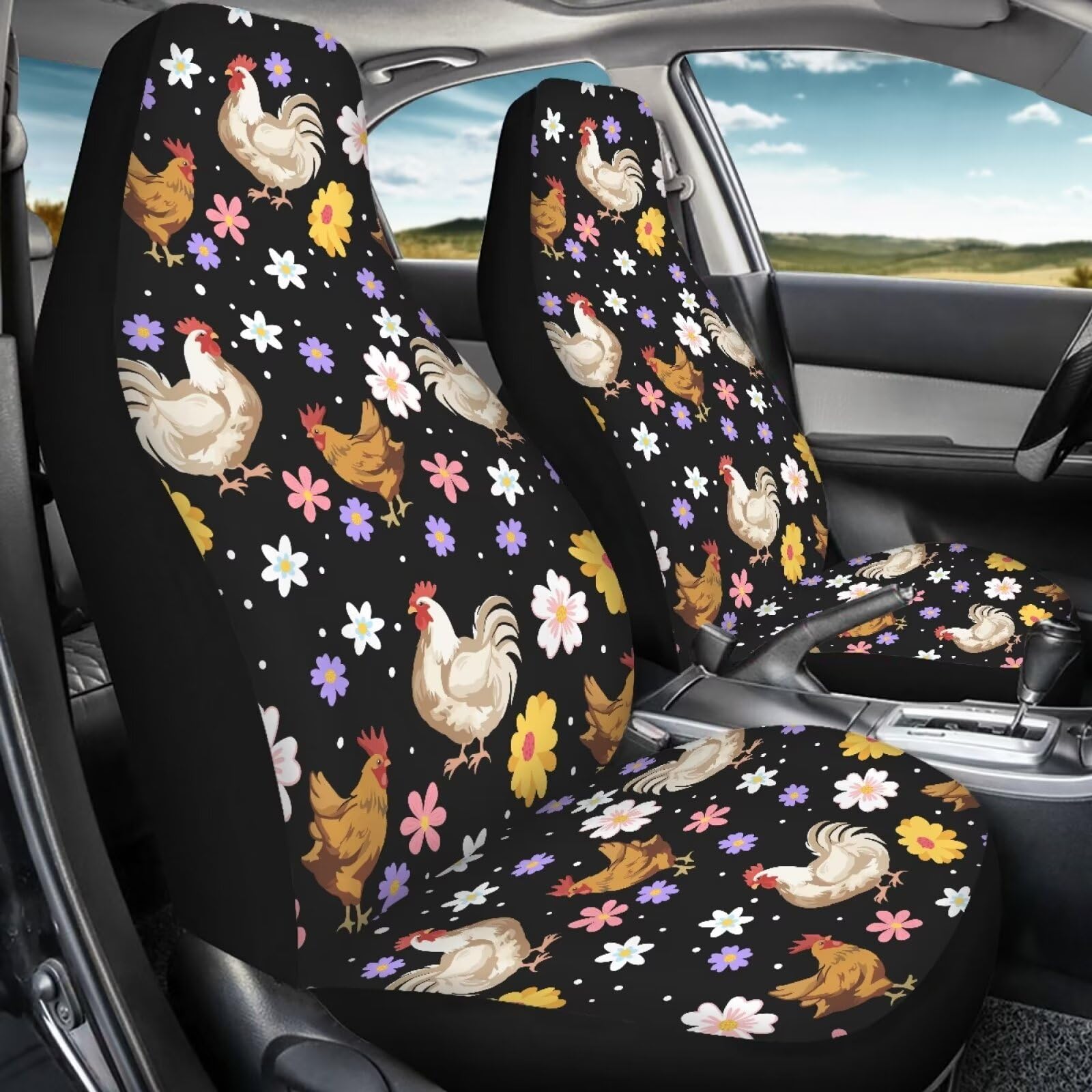 Bigcarjob Boho Chicken Car Seat Protector - Full Set Of 2 Pieces Hippie Daisy Chicken Vehicle Bucket Seat Pad For Women'S Auto I