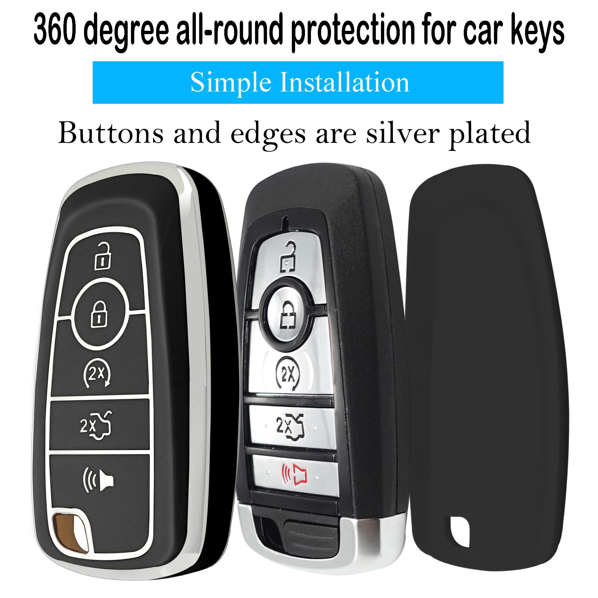 Kirsnda Key Fob Cover Case Keychain Compatible With Ford,Soft Tpu Key Case Fit Expedition For Mustang Fusion Raptor F250 F350 F450 F550 Edge Explorer Smart Remote,5 Buttons Black