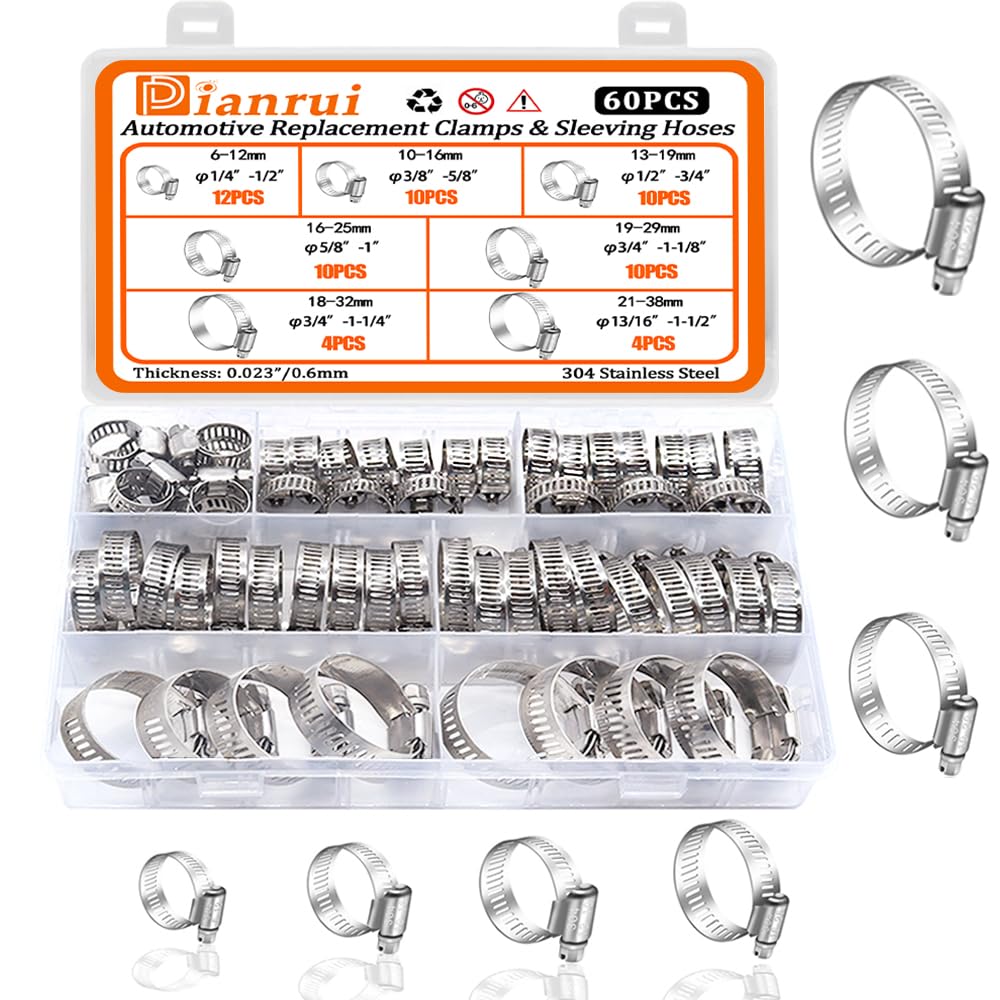 Dianrui 60 PCS Hose Clamp Assortment Kit 1/4 ''-1-1/2 '' (6-38mm) Hose Clamps Stainless Steel Worm Gear Hose Clamps for Fuel Lin