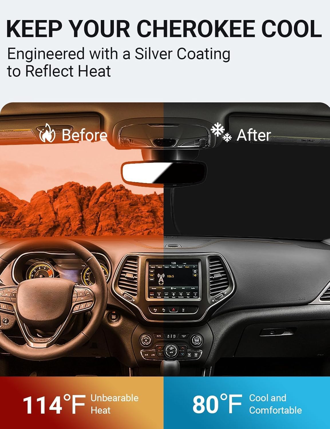 Proadsy 2025 Upgrade Windshield Sunshade Custom For Jeep Cherokee 2014-2024 2025 (Not For Jeep Grand Cherokee) Foldable Front Wi