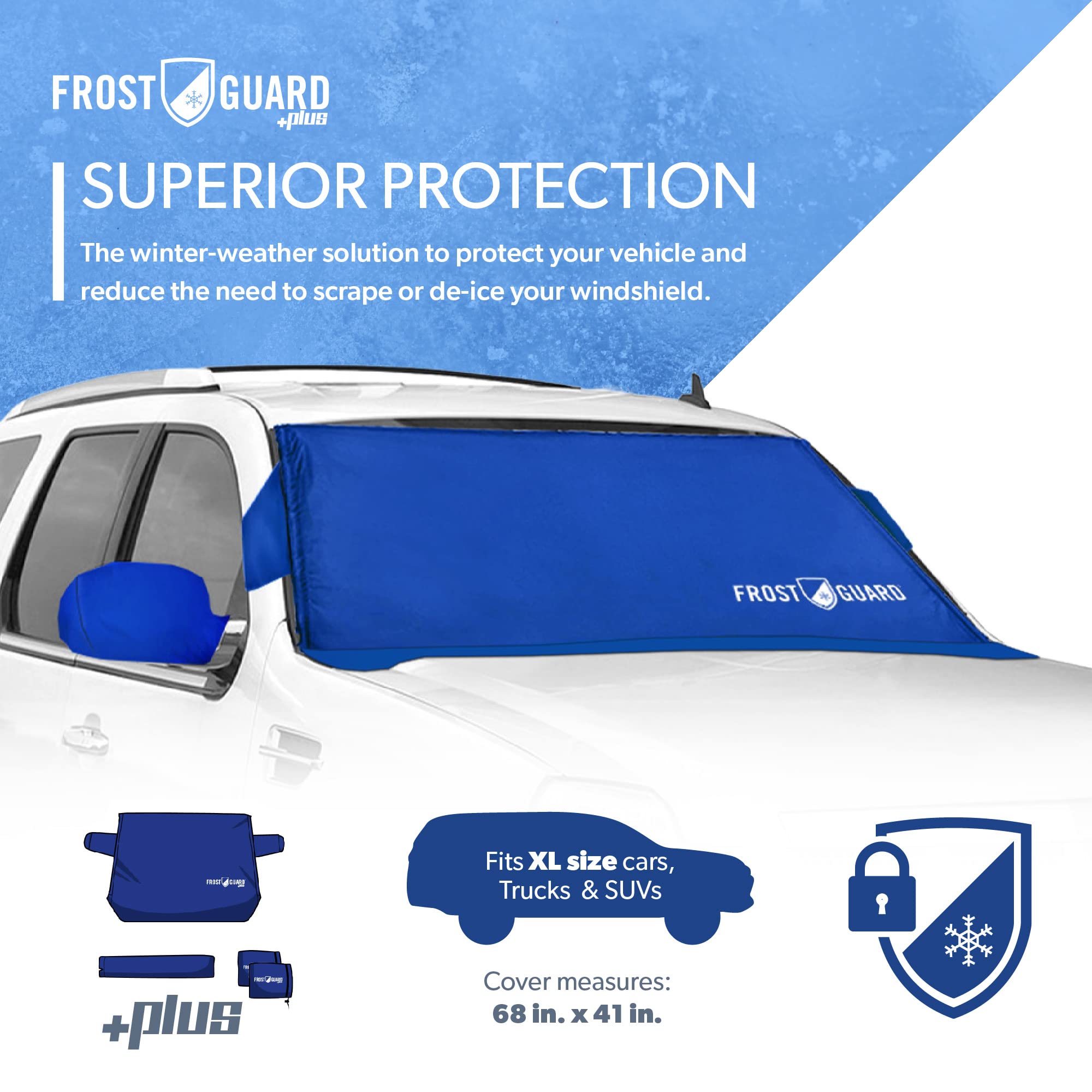 Frostguard Plus | Winter Windshield Cover For Ice And Snow, Xl Size (Indigo) - Built-In Security Panels, Wiper Blade Coverage +