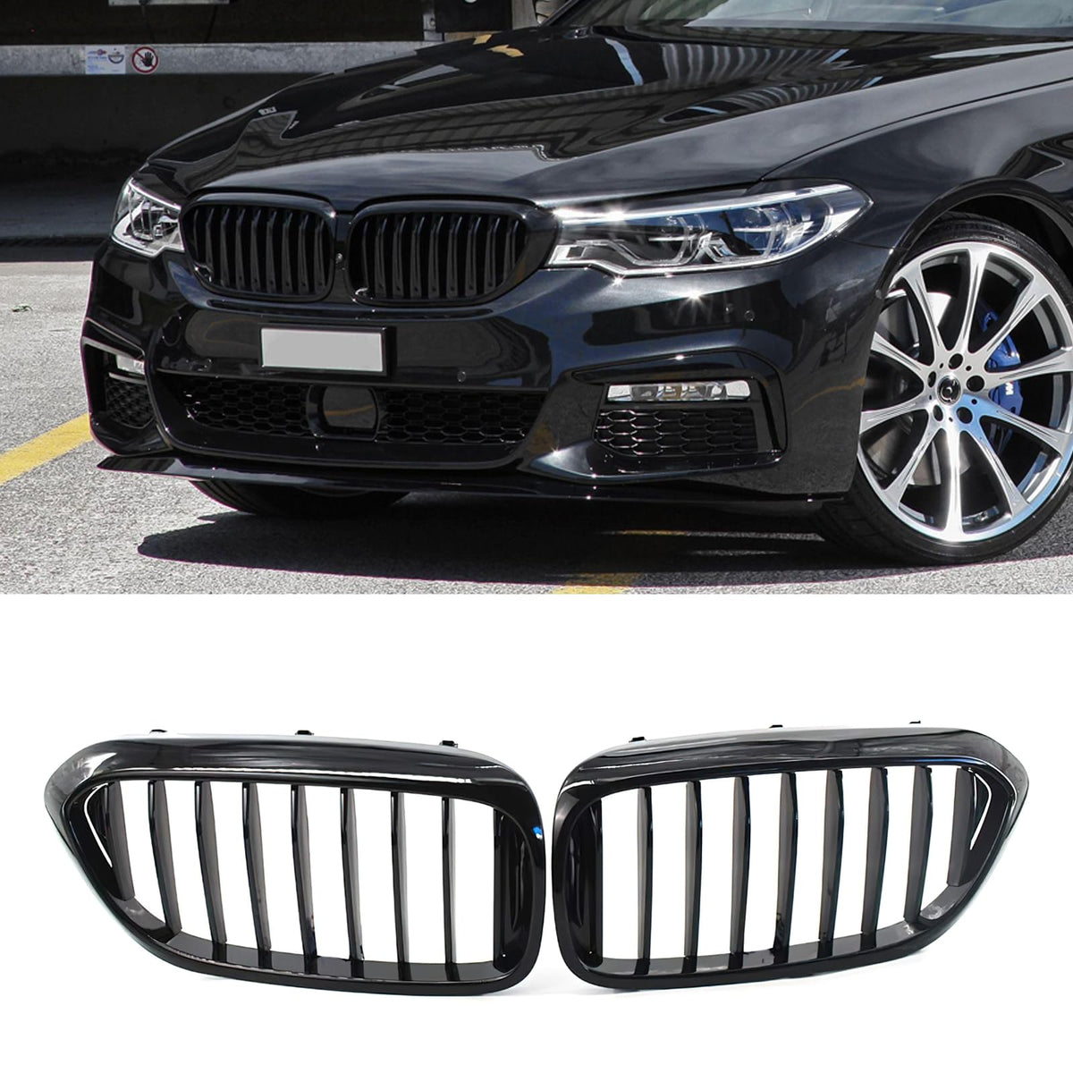 G30 Grille Front Bumper Kidney Grill Compatible with BMW 5 Series G30 G31 2017 2018 2019 2020 530e 530i 540i Single Slat Gloss B