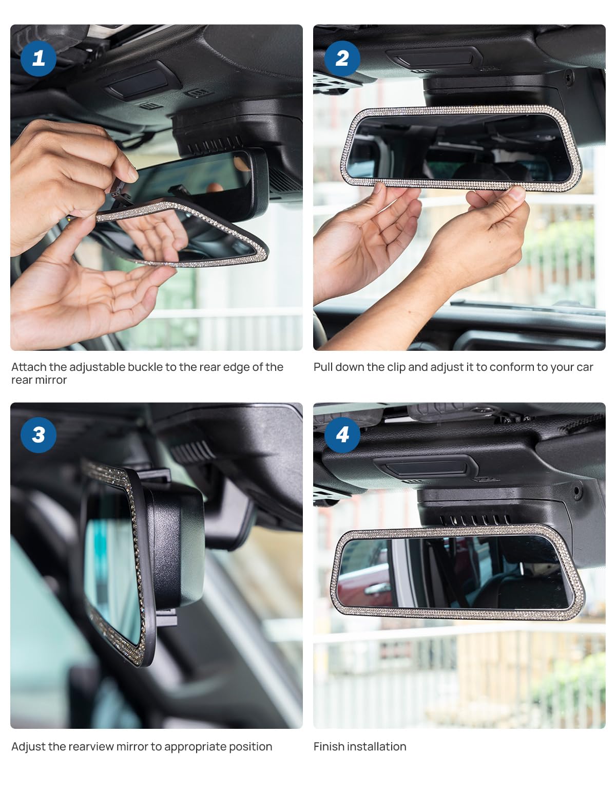 Joytutus Bling Car Rear View Mirror, 12 Inch Panoramic Rearview Mirror, Interior Clip-On Wide Angle Convex Universal Rear View T