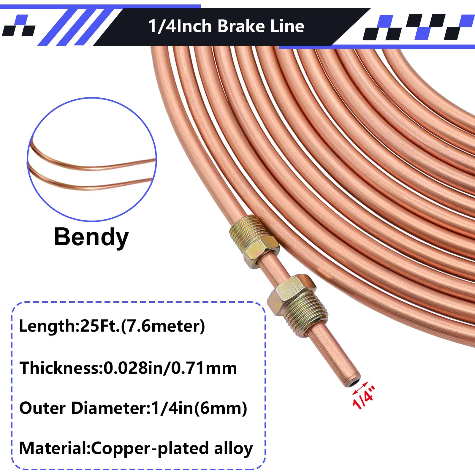 smseace 2Sets 25Ft. 1/4 '' Brake Line Tubing Kit with Brake Line Fittings(Includes 32pcs Fittings and 4pcs Unions+8pcs Nuts) Cop
