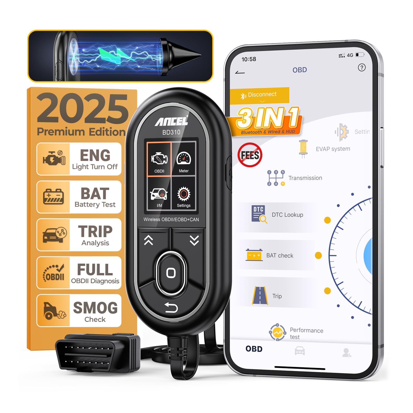 ANCEL BD310 OBD2 Scanner Diagnostic Tool - 3 in 1 OBD2 Scanner Bluetooth - App Based OBDII Scan Tool for Android & iPhone - Chec