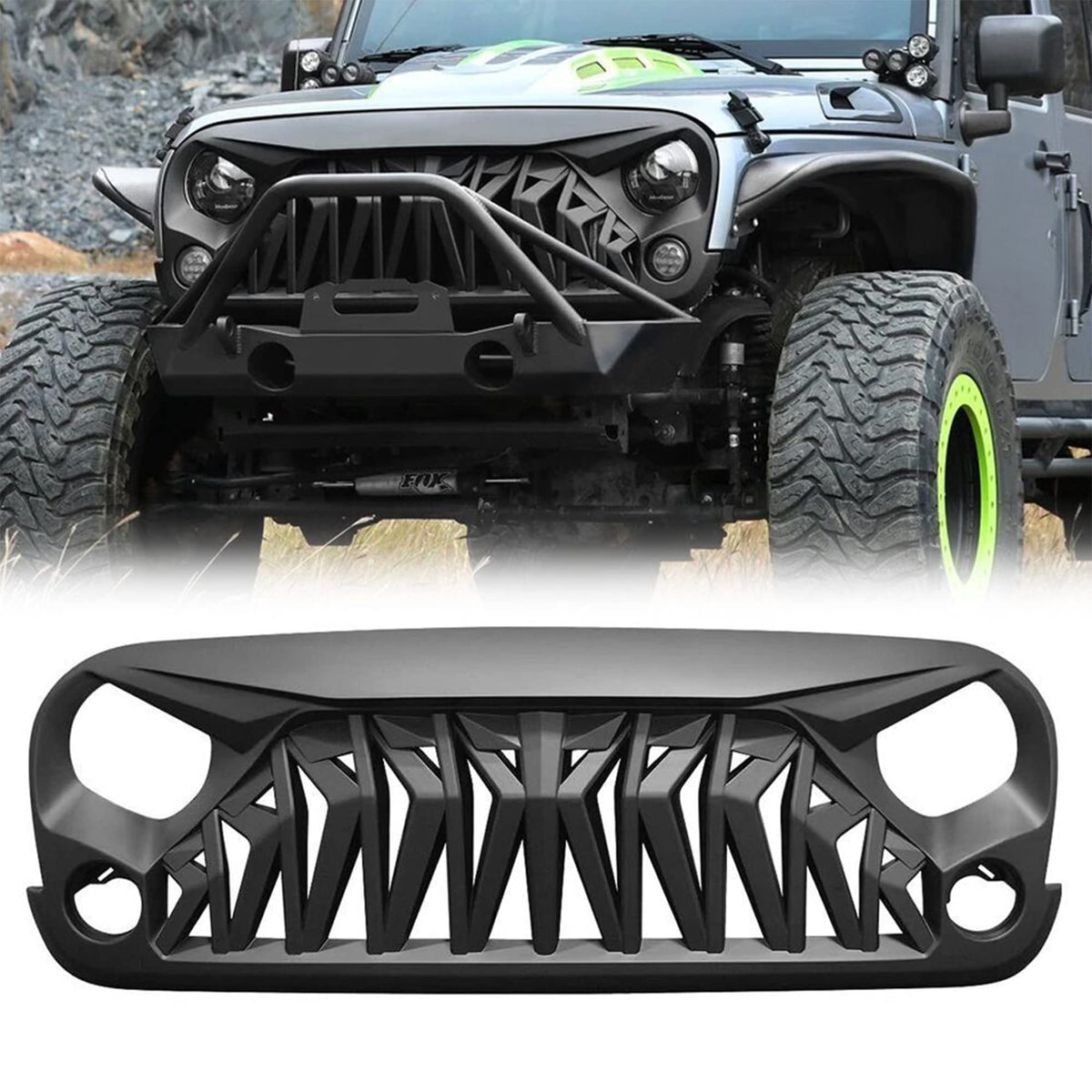 American Modified Aggressive Front Shark Grille Compatible With Jeep 2007 To 2018 Jeep Wrangler, Jk/Jku, Rubicon, And Sahara Spo