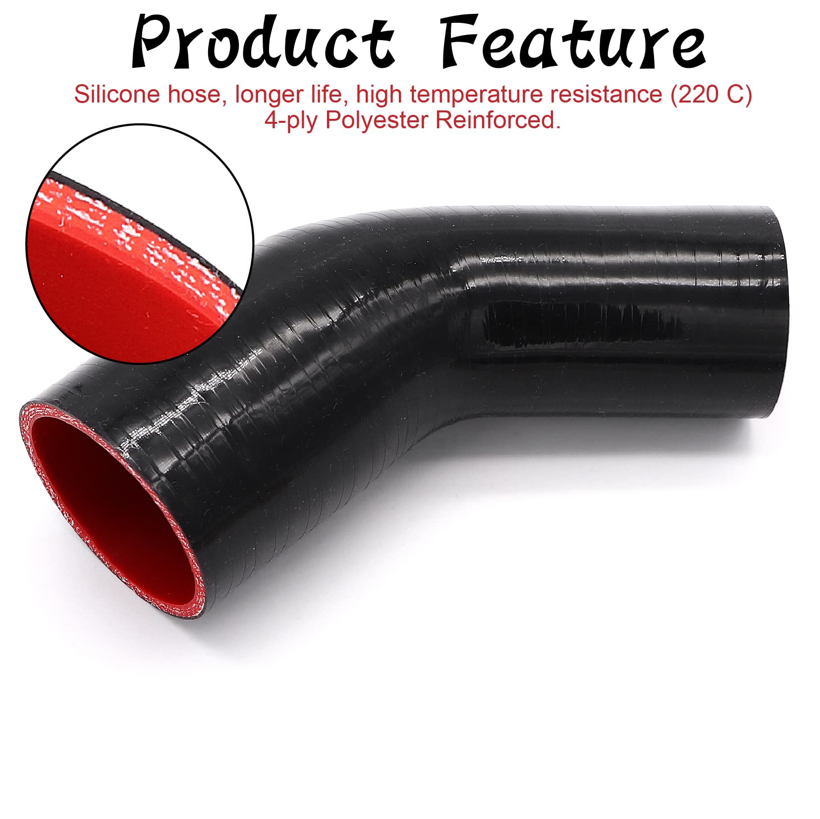 TuoLauthon 45 Degree 2 to 2-1/2 inch(51-63mm) Silicone Reducer Coupler Hose,4-Ply Reinforced,Length 4inch(102mm) with 2PCS clamp