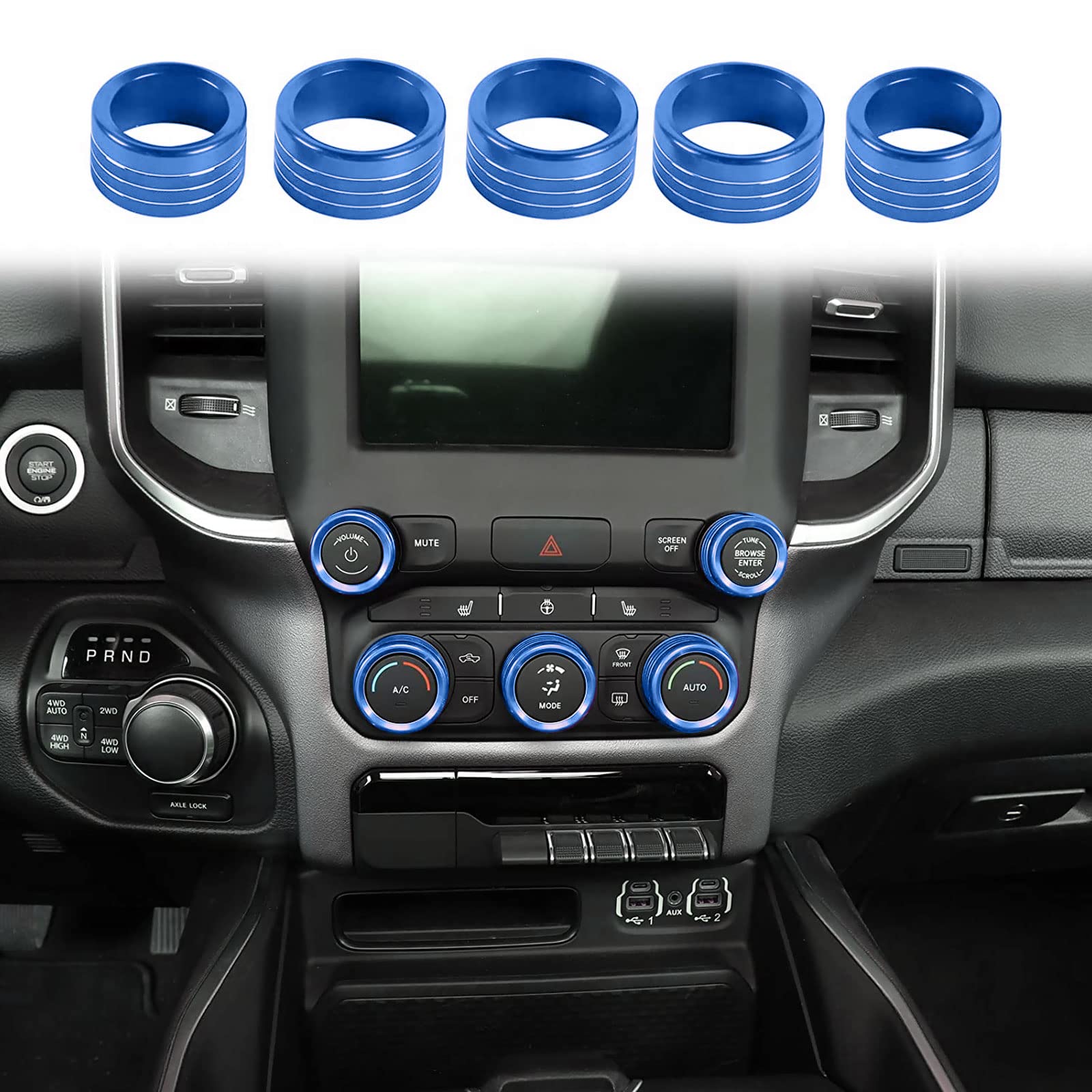 Voodonala for Dodge RAM Aluminum Center Console AC Radio Switch Knob Cover for 2018-2025+ RAM Interior Accessories, 5pcs Blue
