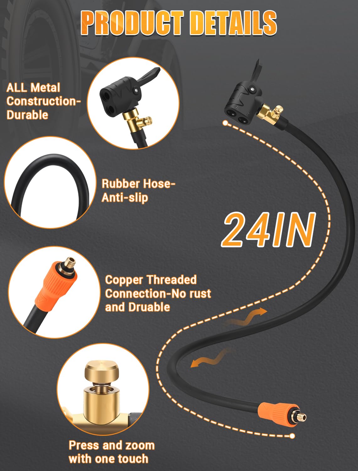 24'' Replacement Hose for Portable Tire Inflator, With Locking Presta Schrader Air Chuck, Quick Air Release Button, Direct Repla