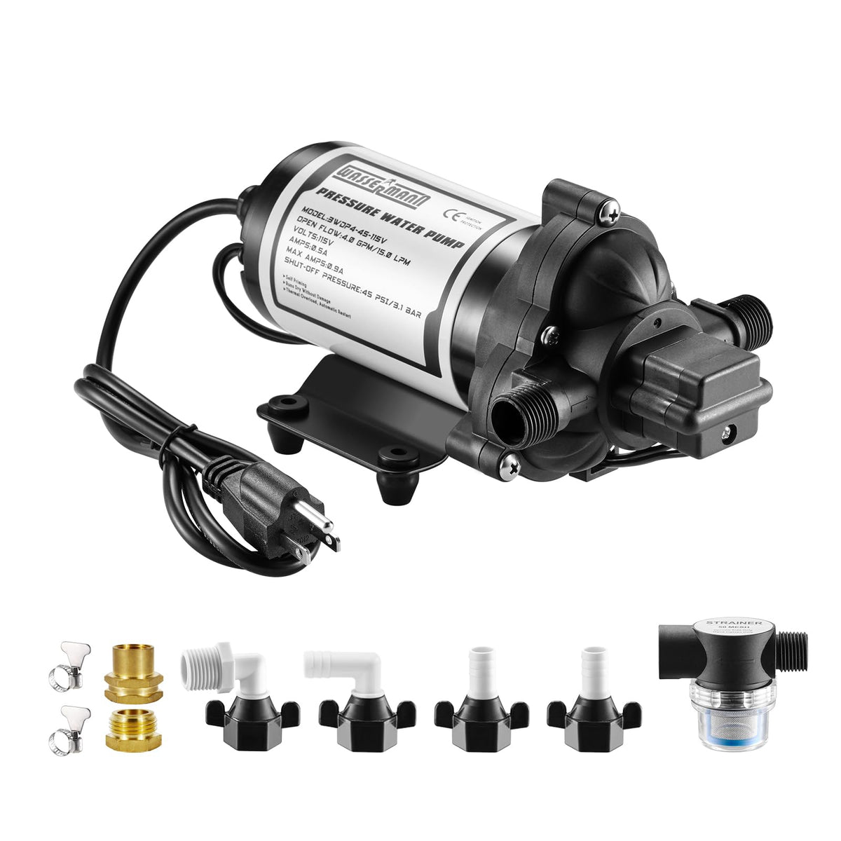 Wassermann Water Pressure Diaphragm Pump 115V Ac 4.0 Gpm 45Psi,Self-Priming Booster Pump With Power Plug, For Kitchen Bathroom R