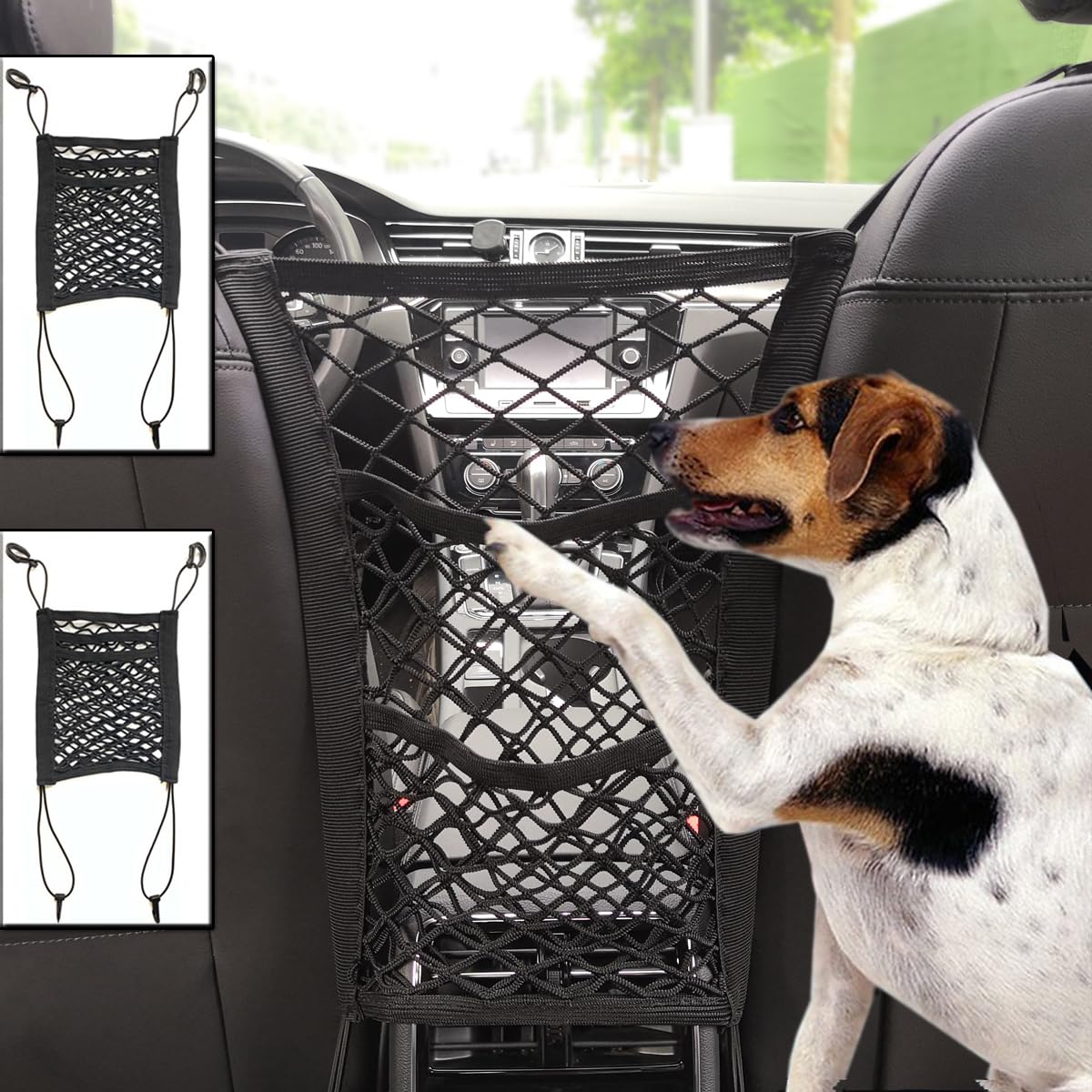 2 Pack Car Mesh Organizer, Dog Car Net Barrier Pet Barrier Stretchable Storage Handbag Holder Between Seats Universal for Cars S