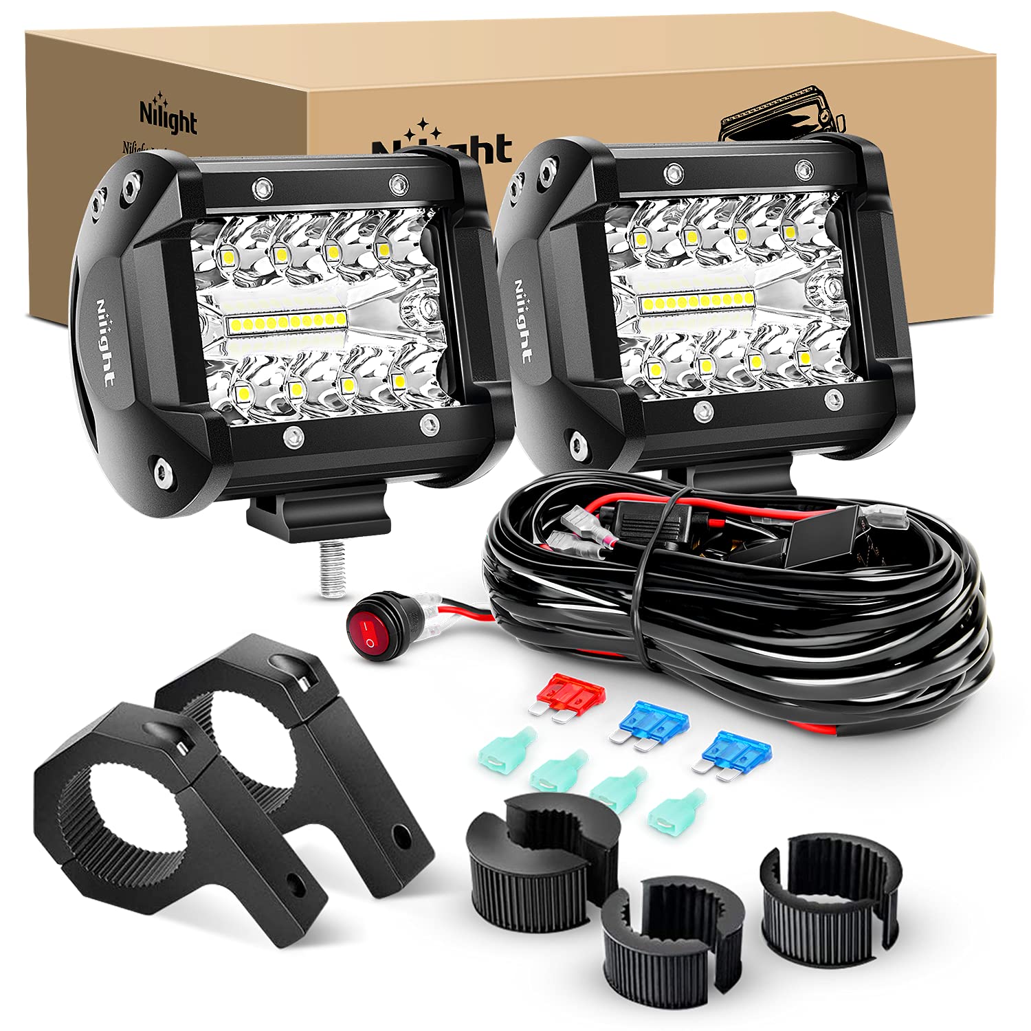 Nilight 2Pc 4Inch Triple Row Led Light Pods 60W Flood Spot Combo 6000Lm 2Pcs 6.5 Inch 120W Triple Row Light Bar Flood Spot Combo