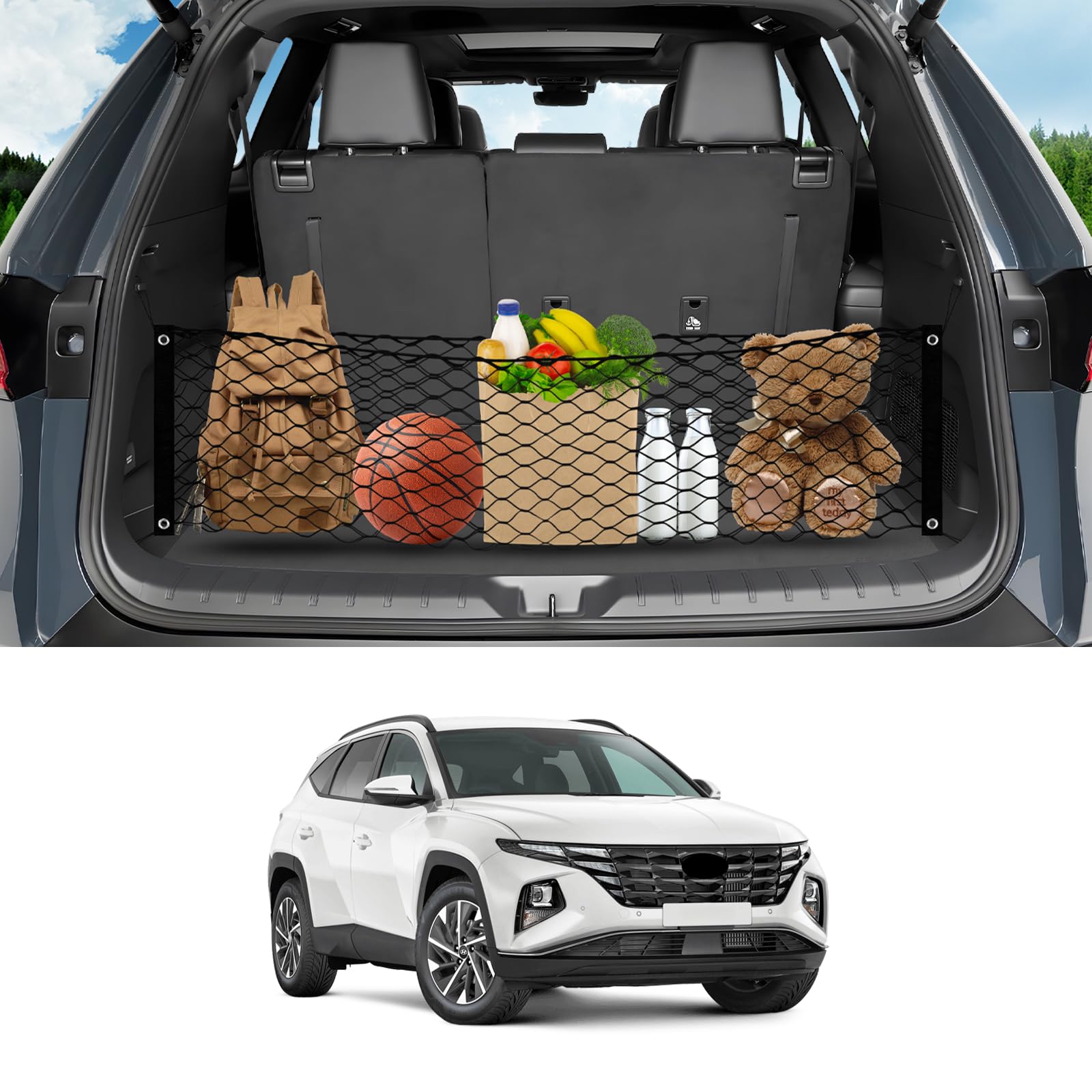 Karltys Envelope Style Cargo Net For Hyundai Tucson 2025 2024 2023 2022 Accessories, Adjustable Elastic Rear Trunk Cargo Net, He