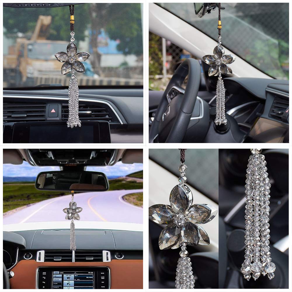 Atmomo Crystal Flower Car Rear View Mirror Pendant Car Hanging Ornament Lucky Car Charm With Dangle Beads, Gray
