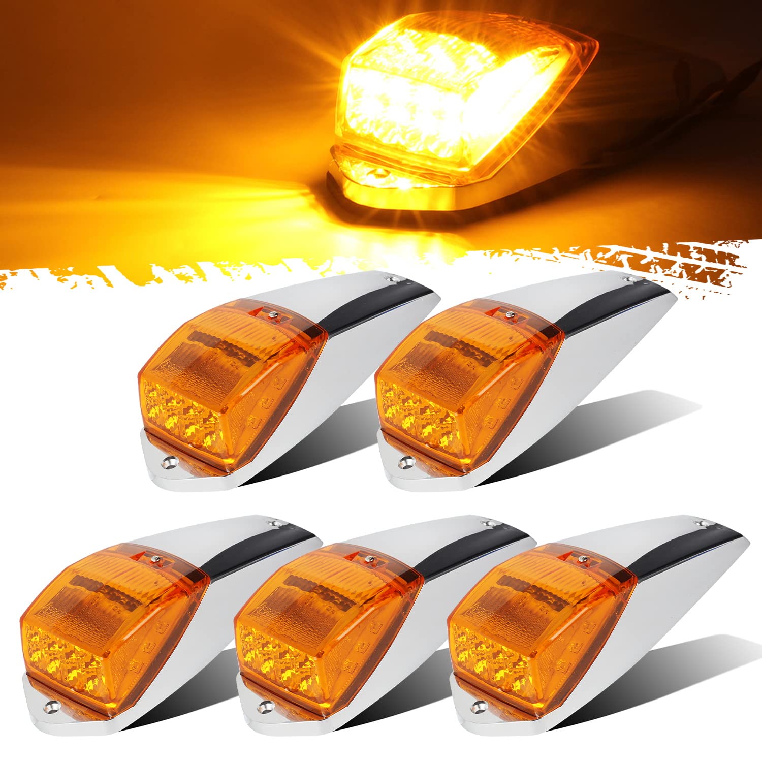 Partsam 5Pcs Truck Cab Marker Light 17 Led Amber Top Roof Running Lights W/Chrome Base Truck Trailer Light Replacement For Peter