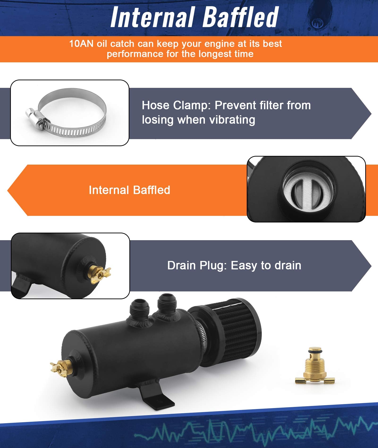 Muge Racing Universal Oil Catch Can Tank Kit Polish Baffled Reservoir With Breather Filter With 3/8'' Fuel Line,Aluminum,Black (