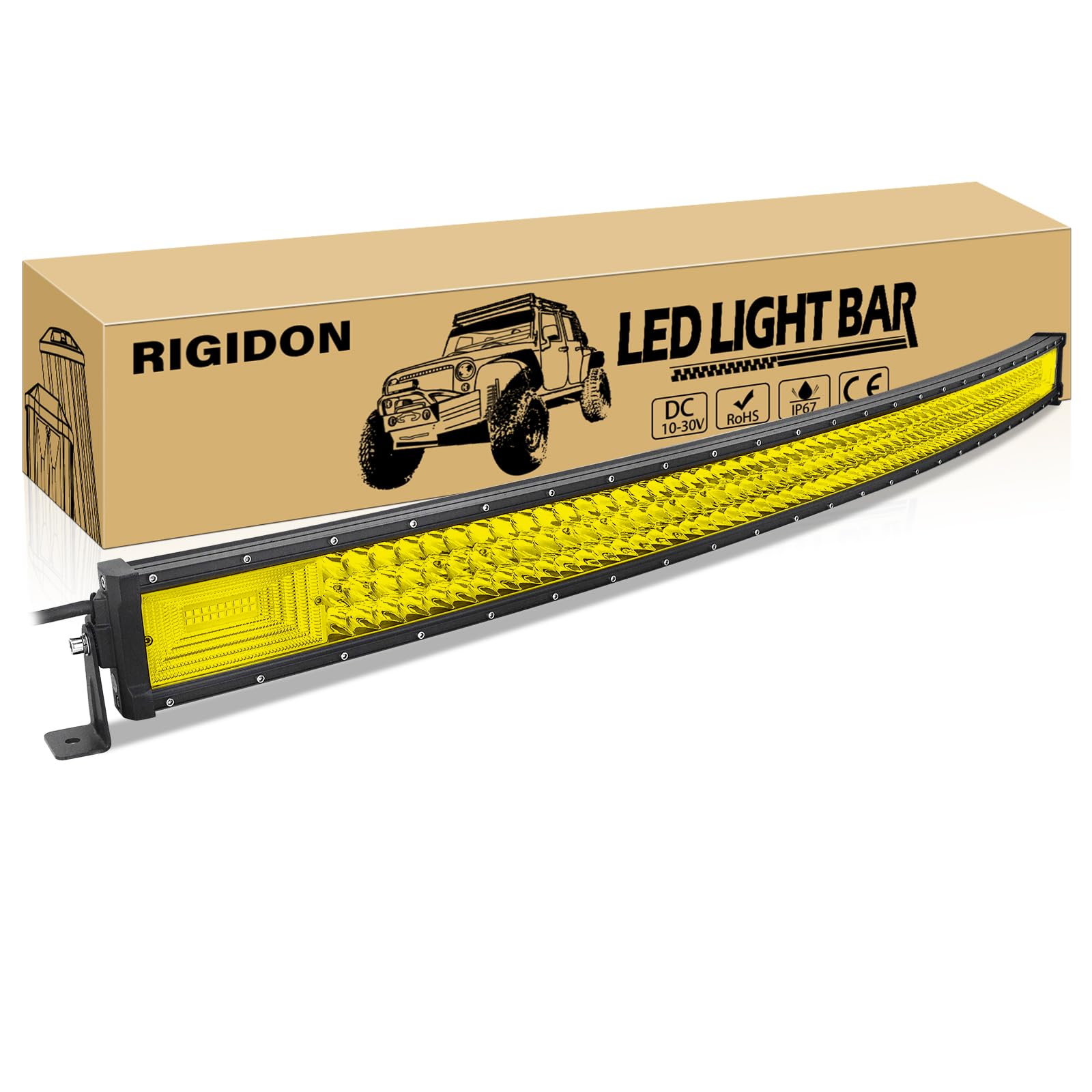 Rigidon 50 Inch 648W Curved Amber Led Light Bar, Triple Row Flood Spot Combo 64800Lm Light Bar Waterproof Driving Boat Offroad Led Work Light For Atv Utv Truck Roof Bumper