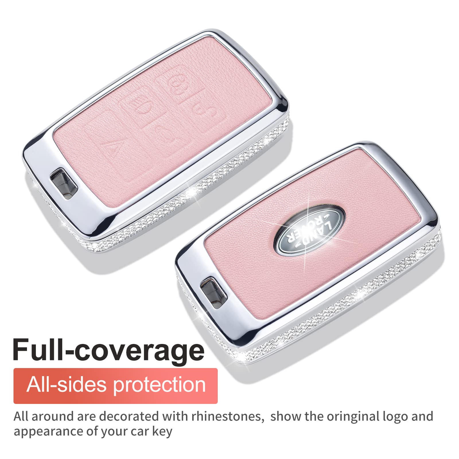 Ruabiban For Land Rover Key Fob Cover With Keychain, Pink Genuine Leather Crystal Key Case Protection Shell Compatible With Land