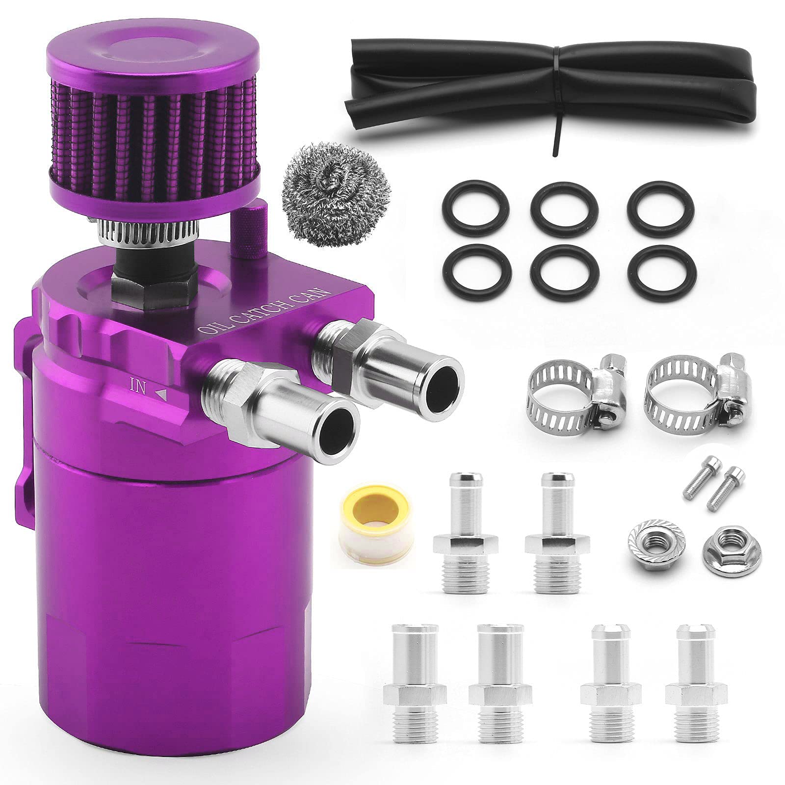 Muge Racing Universal Oil Catch Can Tank Kit Polish Baffled Reservoir With Breather Filter With 3/8'' Fuel Line, Aluminum, Purpl