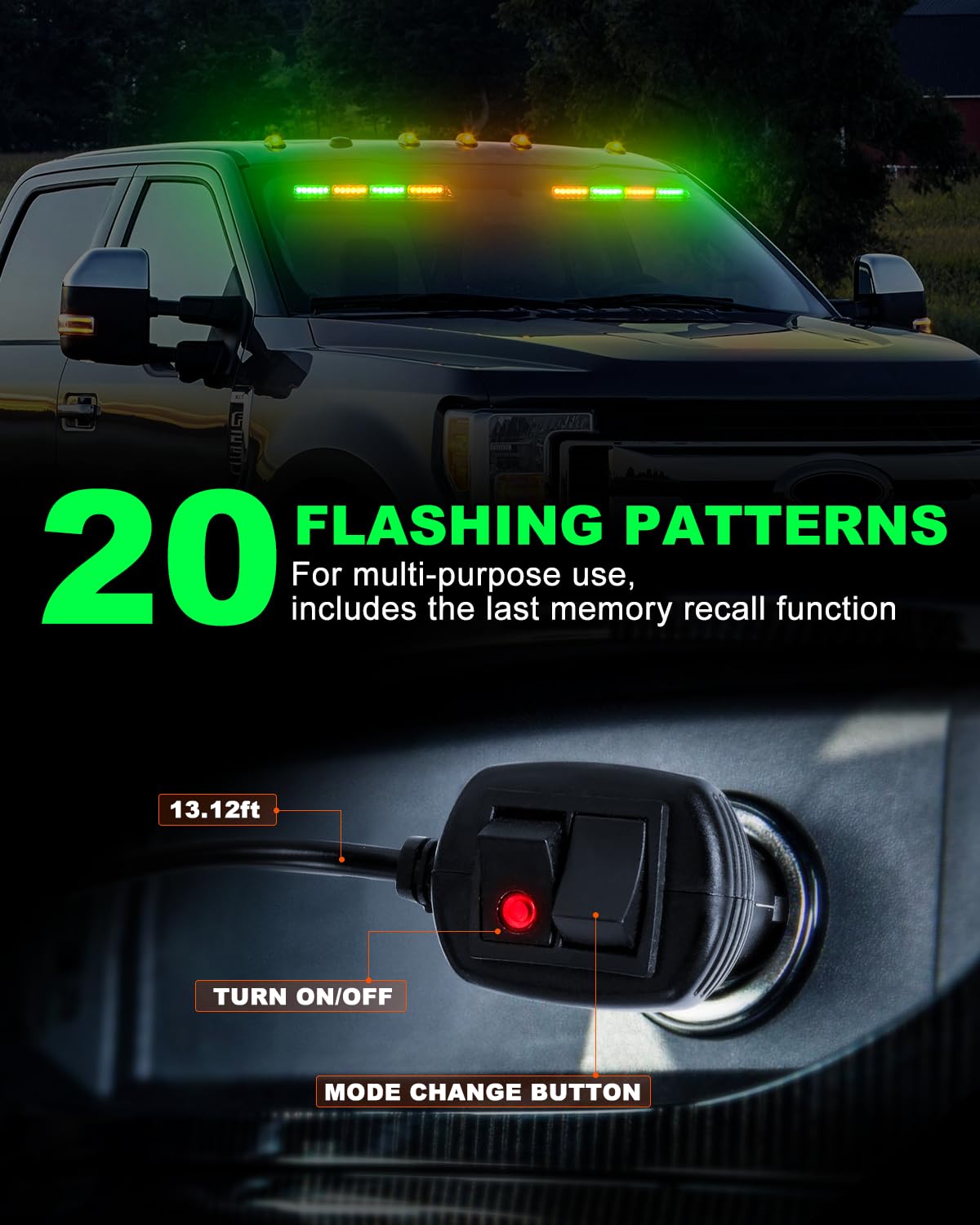 Hlauto 6Z4J Emergency Dash Strobe Lights: 2X16.8 Inch Green Amber Safety Lights, 48 Led Flashing Warning Hazard Interior Windshi