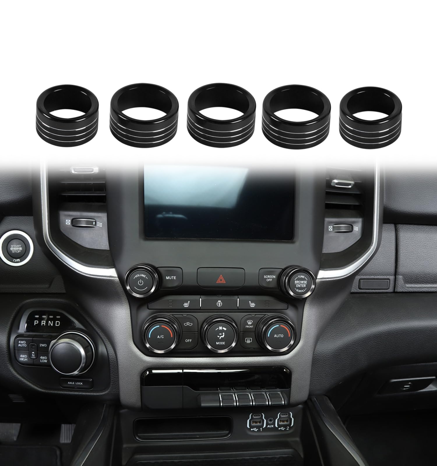 Voodonala for Dodge RAM Aluminum Center Console AC Radio Switch Knob Cover for 2018-2025+ Dodge RAM, 5pcs Black