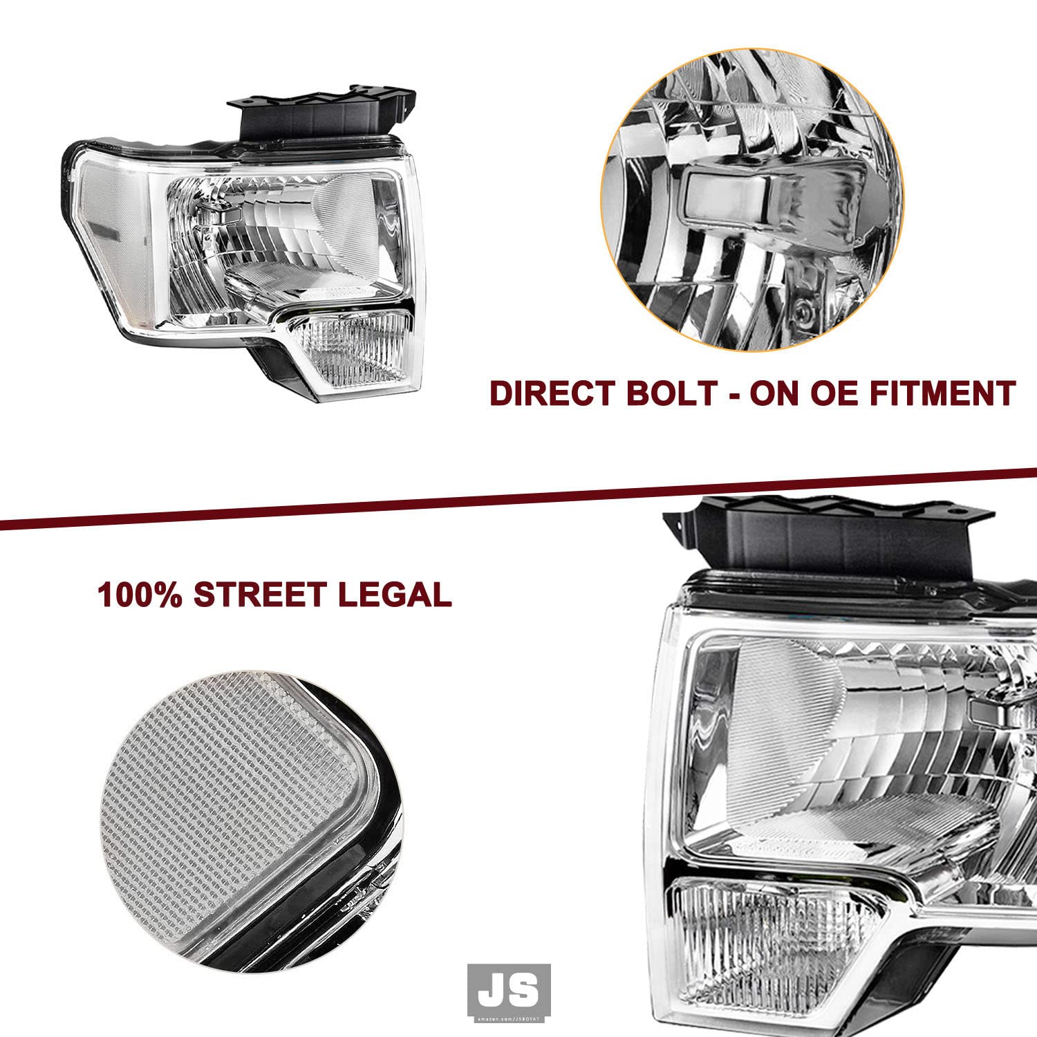 Jsboyat Headlight Assembly Replacement For 2009-2014 Ford F150 Pickup Passenger & Driver Side, Chrome Housing With Amber Reflector