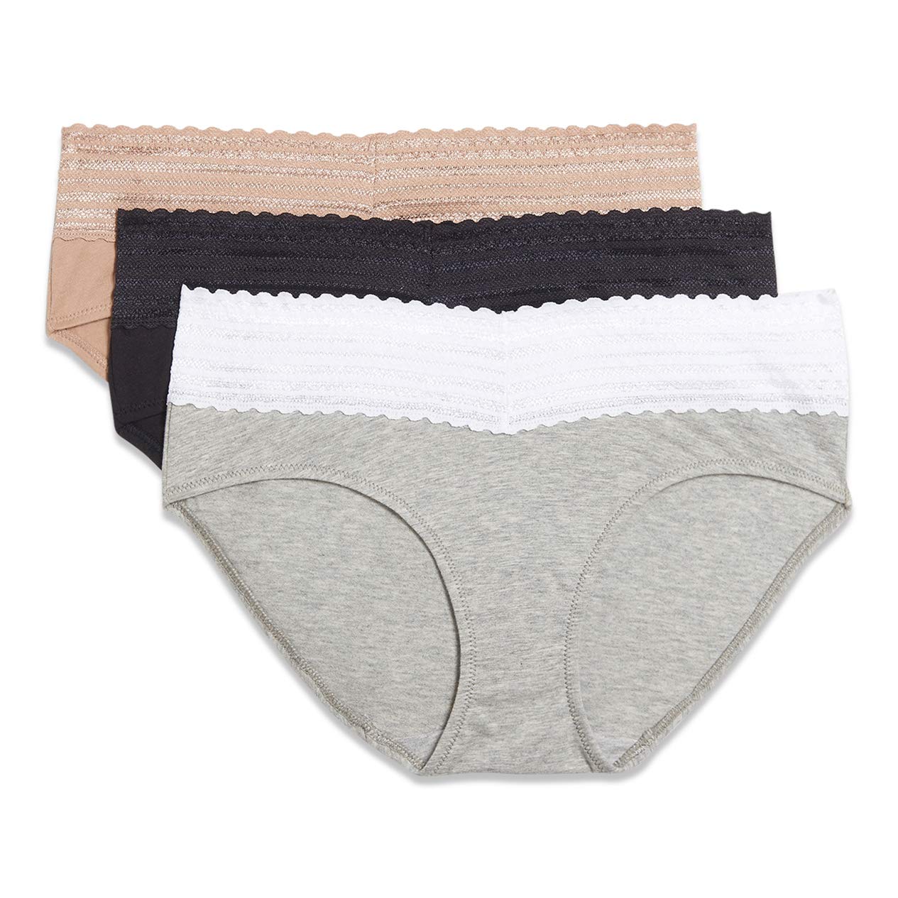 Warners Womens Blissful Benefits No Muffin Cotton Stretch Lace Multipack Hipster Panties, Toasted Almondblacklight Grey Heather,