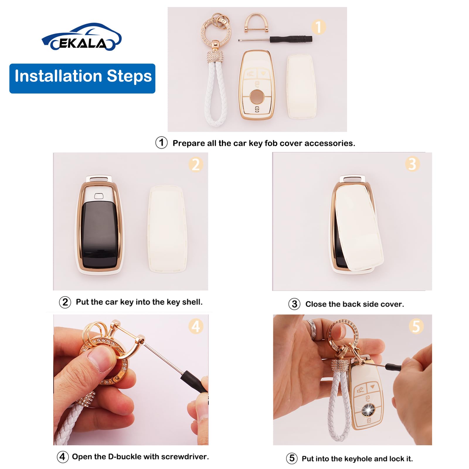 Ekala For Mercedes Benz Key Fob Cover, 4 Buttons Soft Tpu Key Case Protector With Bling Keychain Fit For Mercedes Benz A B C E G S Class Sl Slc Cls Cla Glb Glc Gle Gls Amg Smart Key Fob Case (Bz-4L)