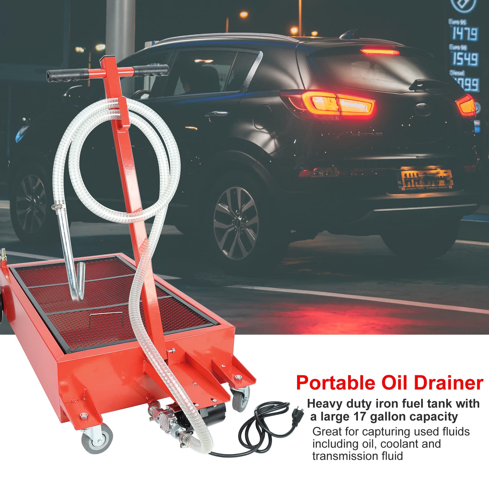 SUPERFASTRACING 17 Gallon Low Profile Roll Around Oil Drain Pan with 110V Electric Pump 8FT Hose for Trucks Cars SUVs