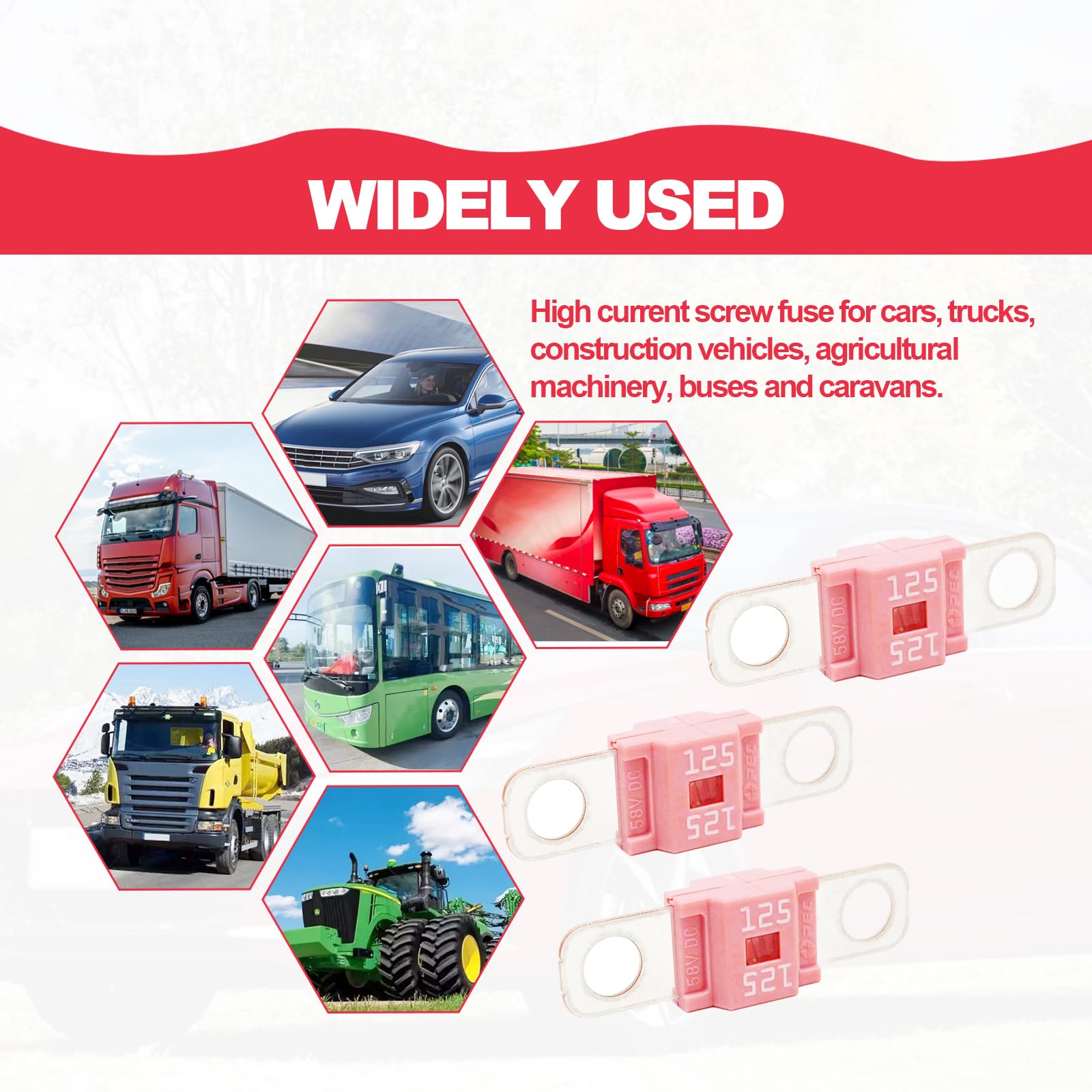 Pack of 3 AMI/Midi Fuse 125 Amp High Current Fuse Bolt-on Fuse, commonly Used in Cars, Trucks, Construction Vehicles, Agricultur